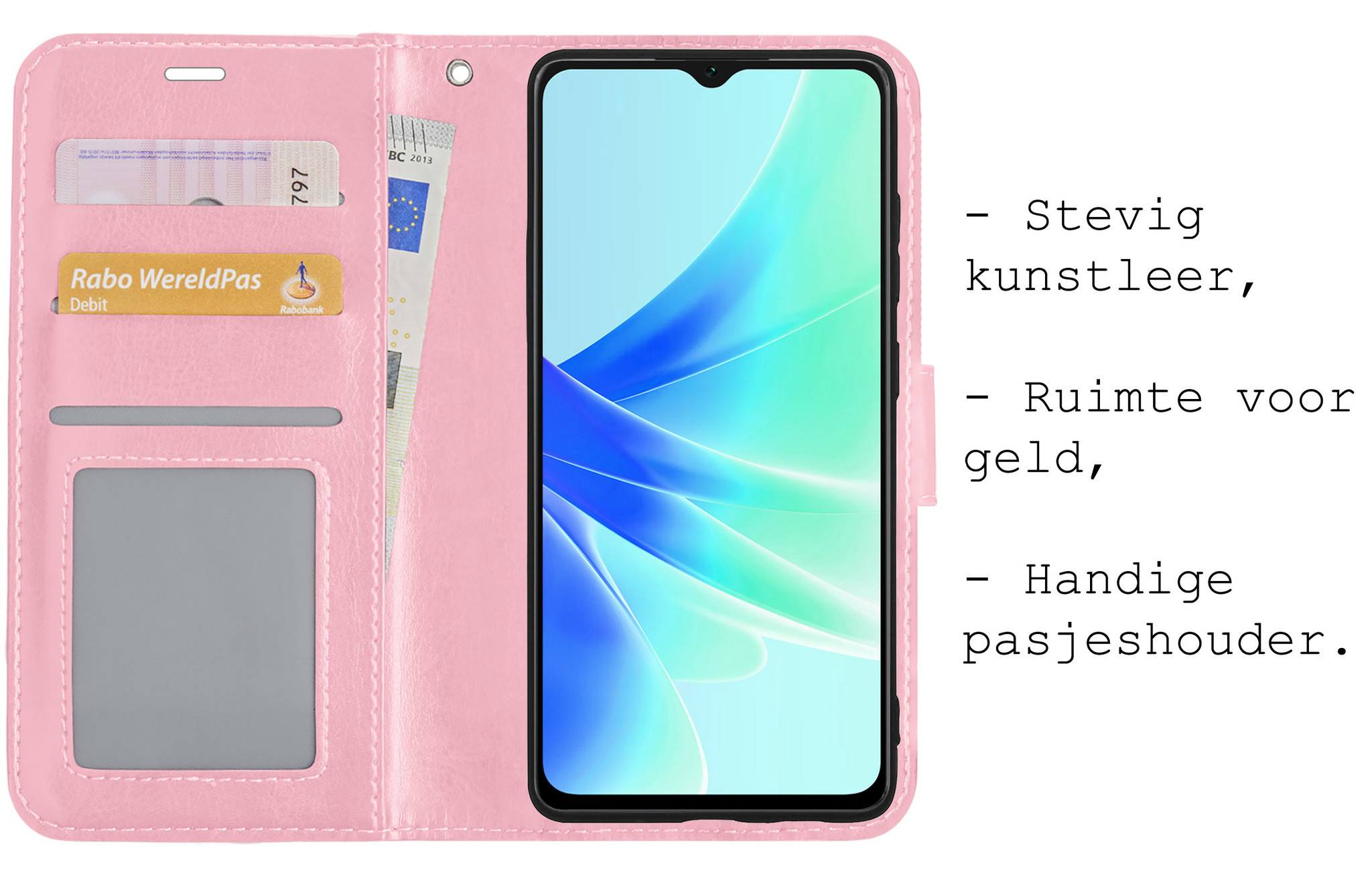 BASEY. Hoes Geschikt voor OPPO A57s Hoesje Bookcase Hoes Flip Case Book Cover Met 2x Screenprotector - Hoesje Geschikt voor OPPO A57s Hoes Book Case Hoesje - Lichtroze