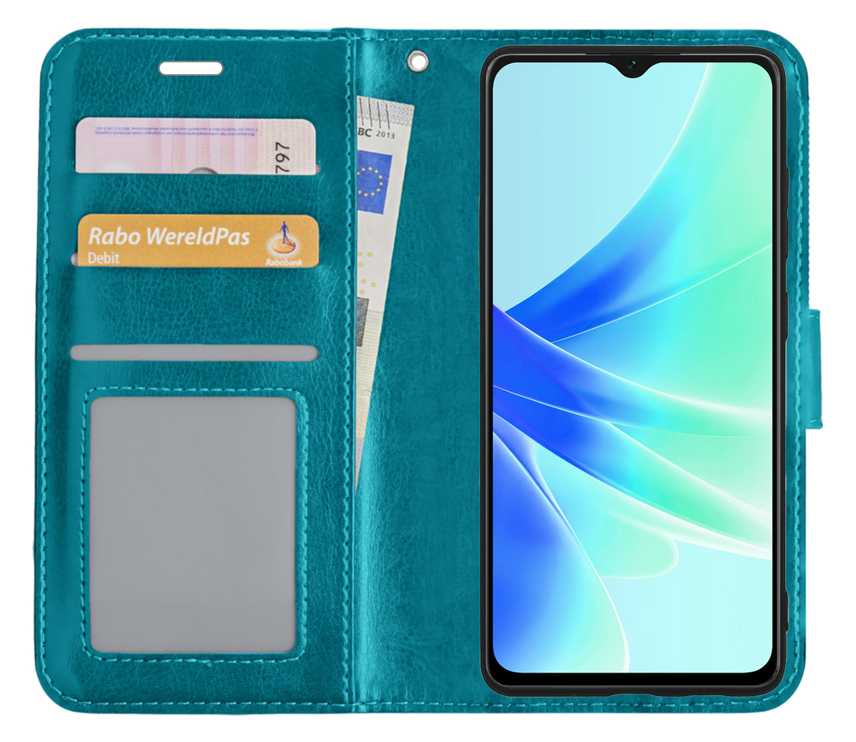 BASEY. Hoes Geschikt voor OPPO A57s Hoesje Bookcase Hoes Flip Case Book Cover Met 2x Screenprotector - Hoesje Geschikt voor OPPO A57s Hoes Book Case Hoesje - Turquoise