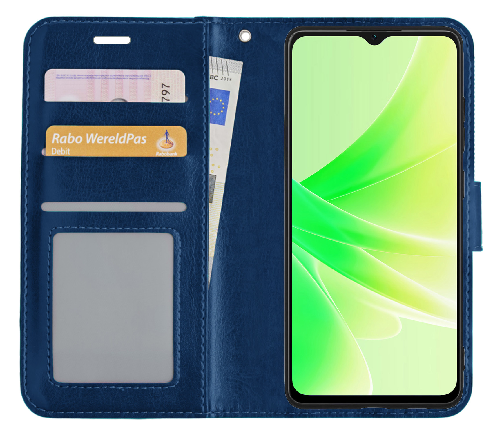 Nomfy Hoesje Geschikt voor OPPO A57s Hoes Bookcase Flipcase Book Cover Met 2x Screenprotector - Hoes Geschikt voor OPPO A57s Hoesje Book Case - Donkerblauw