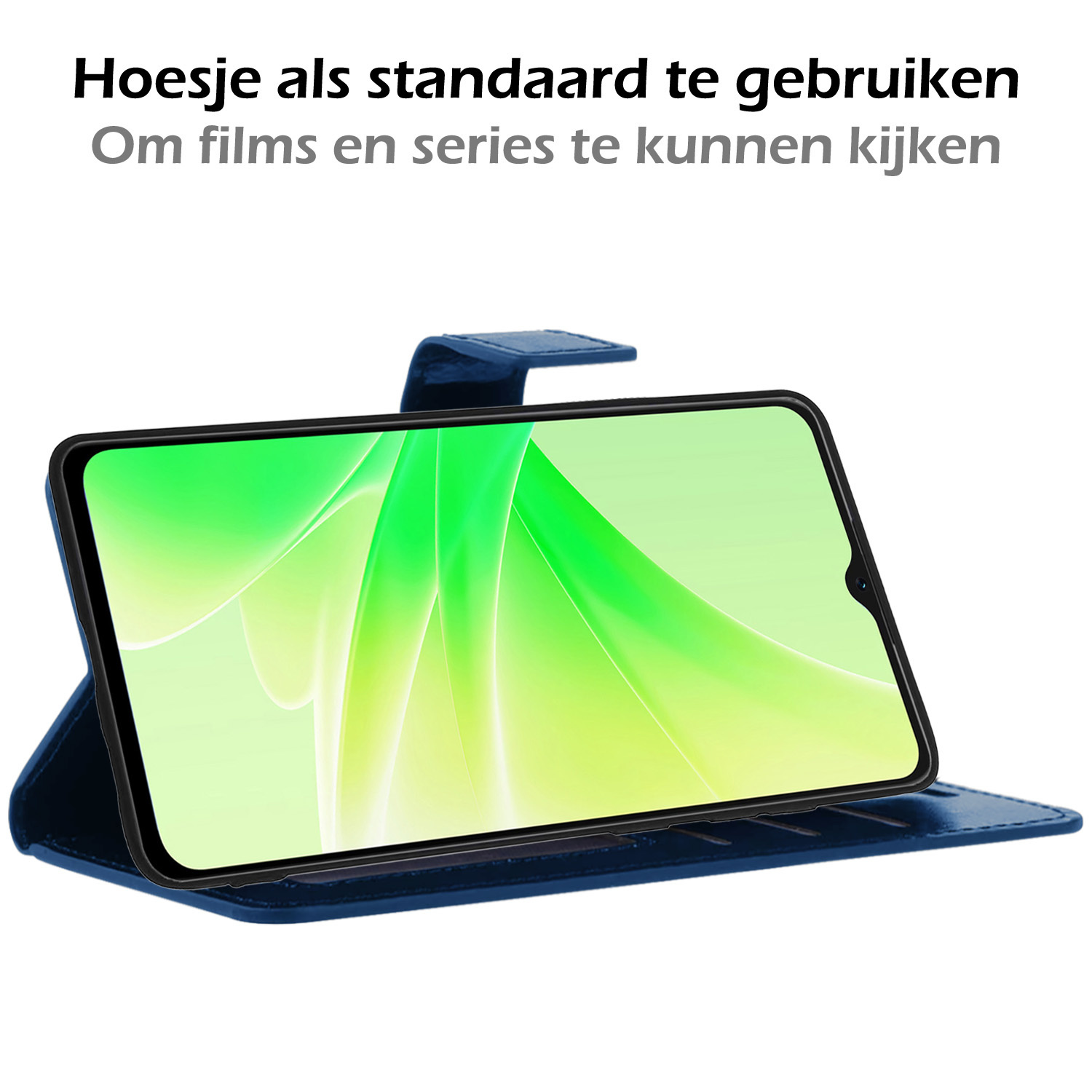 Nomfy Hoesje Geschikt voor OPPO A57s Hoes Bookcase Flipcase Book Cover Met 2x Screenprotector - Hoes Geschikt voor OPPO A57s Hoesje Book Case - Donkerblauw