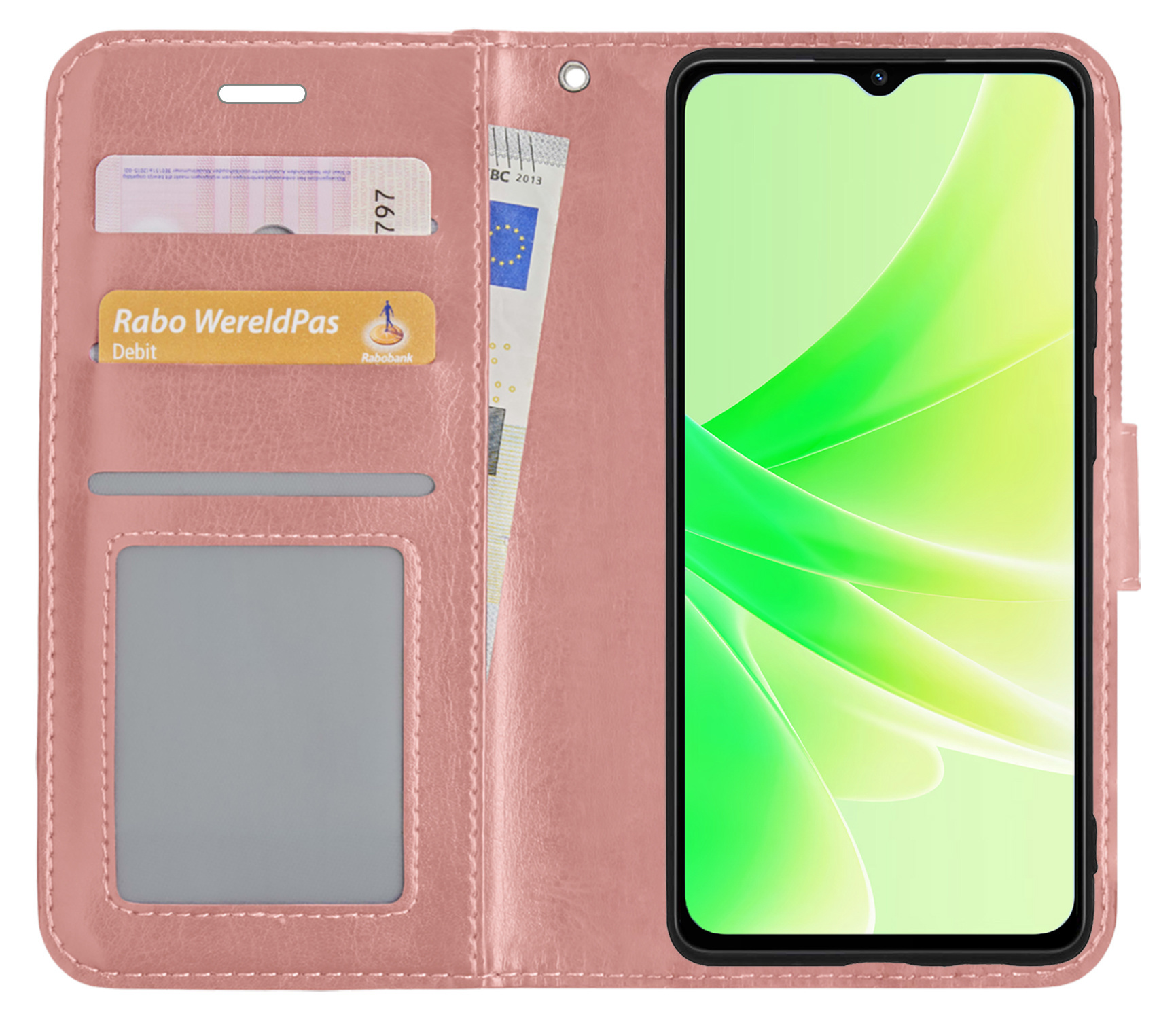 Nomfy Hoesje Geschikt voor OPPO A57s Hoes Bookcase Flipcase Book Cover Met 2x Screenprotector - Hoes Geschikt voor OPPO A57s Hoesje Book Case - Rosé goud