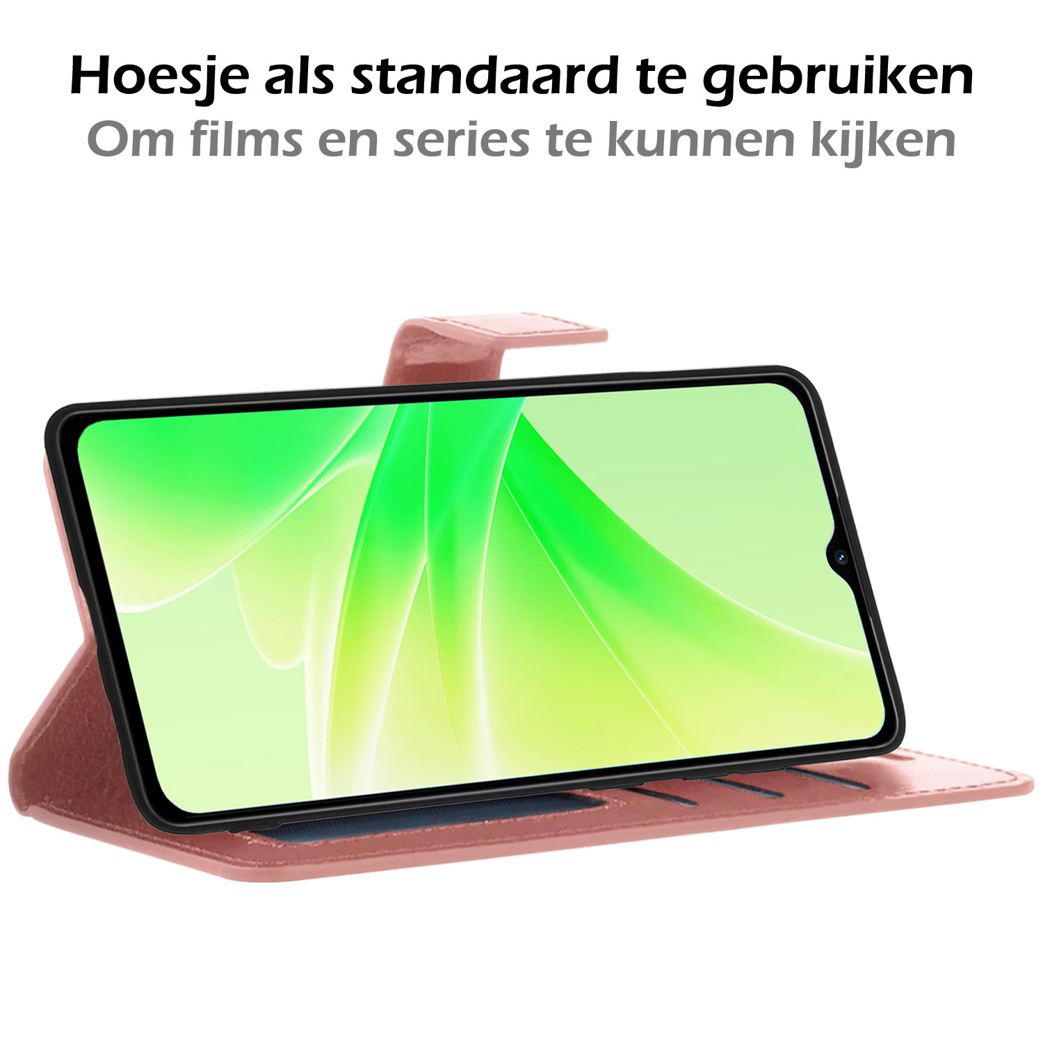 Nomfy Hoesje Geschikt voor OPPO A57s Hoes Bookcase Flipcase Book Cover Met 2x Screenprotector - Hoes Geschikt voor OPPO A57s Hoesje Book Case - Rosé goud