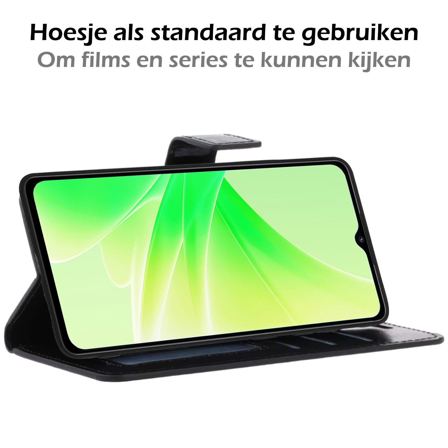 Nomfy Hoesje Geschikt voor OPPO A57s Hoes Bookcase Flipcase Book Cover Met 2x Screenprotector - Hoes Geschikt voor OPPO A57s Hoesje Book Case - Zwart