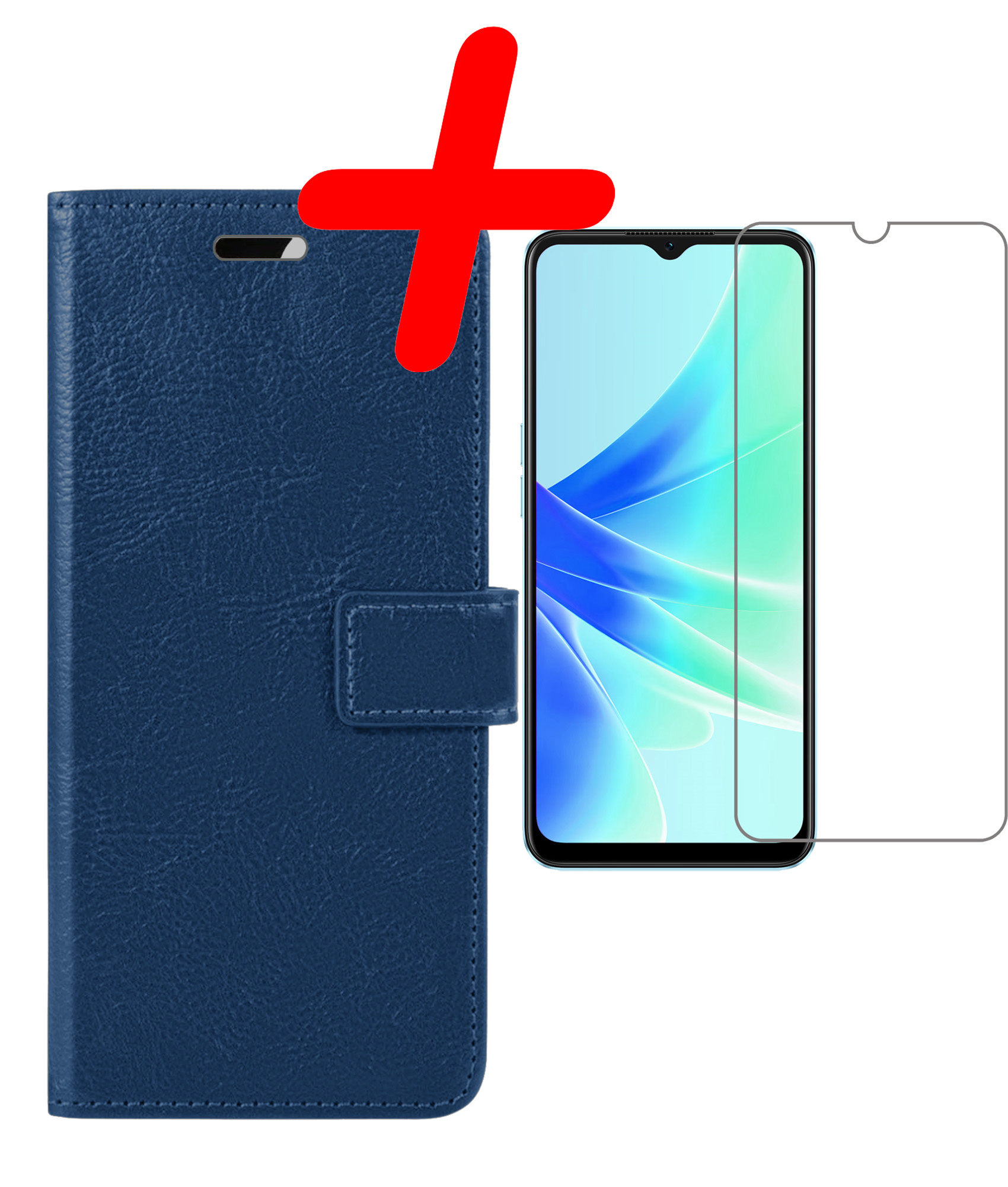 BASEY. Hoes Geschikt voor OPPO A17 Hoesje Bookcase Hoes Flip Case Book Cover Met Screenprotector - Hoesje Geschikt voor OPPO A17 Hoes Book Case Hoesje - Donkerblauw
