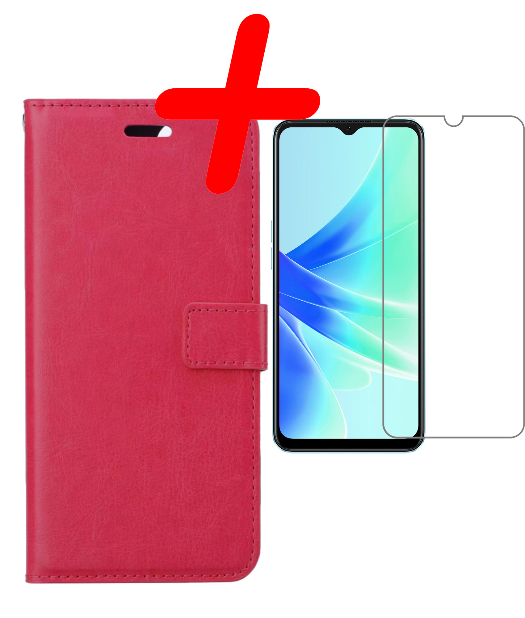 BASEY. Hoes Geschikt voor OPPO A17 Hoesje Bookcase Hoes Flip Case Book Cover Met Screenprotector - Hoesje Geschikt voor OPPO A17 Hoes Book Case Hoesje - Donkerroze
