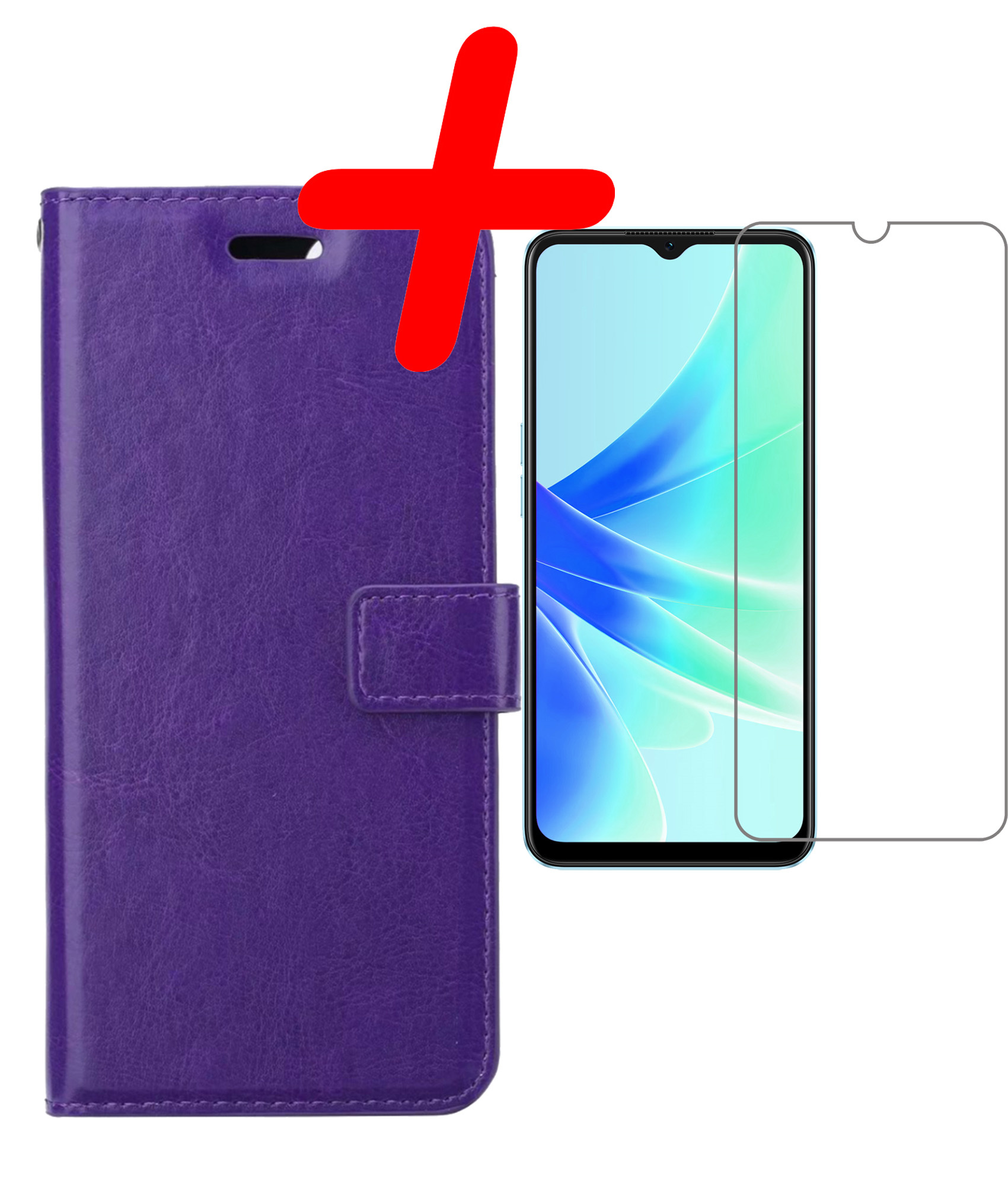 BASEY. Hoes Geschikt voor OPPO A17 Hoesje Bookcase Hoes Flip Case Book Cover Met Screenprotector - Hoesje Geschikt voor OPPO A17 Hoes Book Case Hoesje - Paars