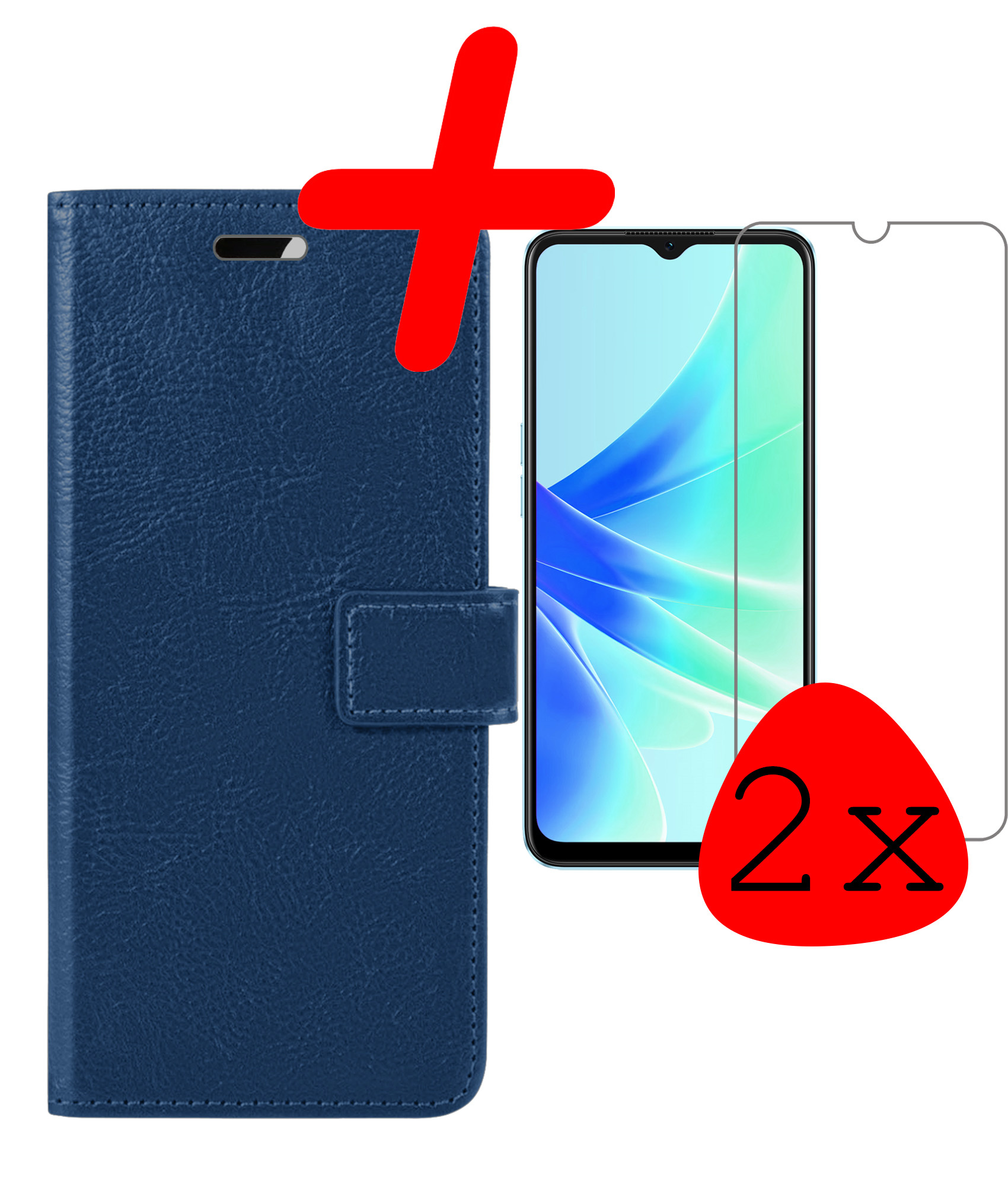 BASEY. Hoes Geschikt voor OPPO A17 Hoesje Bookcase Hoes Flip Case Book Cover Met 2x Screenprotector - Hoesje Geschikt voor OPPO A17 Hoes Book Case Hoesje - Donkerblauw