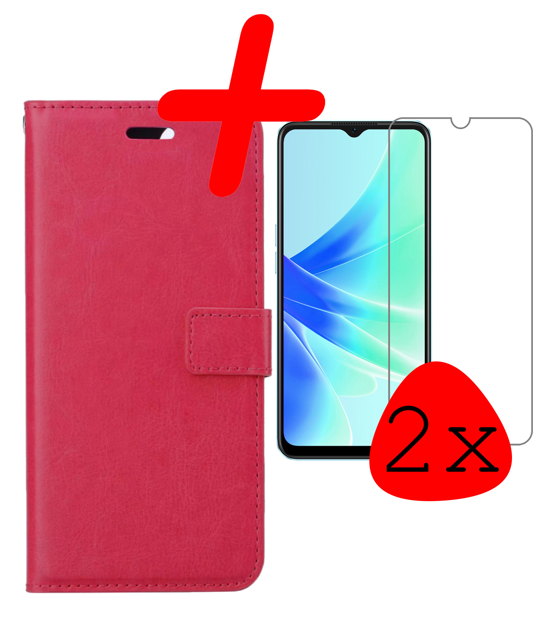 BASEY. Hoes Geschikt voor OPPO A17 Hoesje Bookcase Hoes Flip Case Book Cover Met 2x Screenprotector - Hoesje Geschikt voor OPPO A17 Hoes Book Case Hoesje - Donkerroze