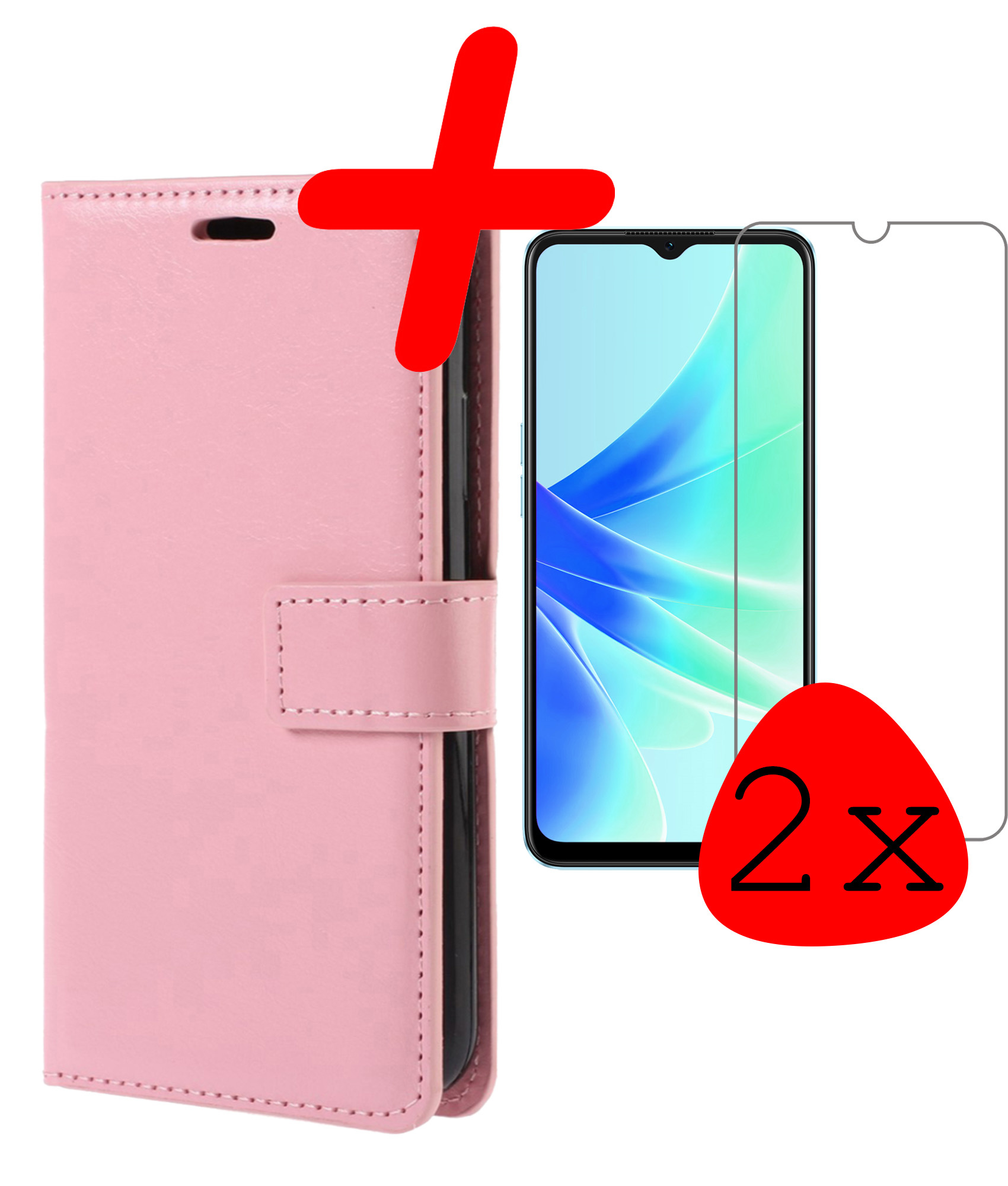 BASEY. Hoes Geschikt voor OPPO A17 Hoesje Bookcase Hoes Flip Case Book Cover Met 2x Screenprotector - Hoesje Geschikt voor OPPO A17 Hoes Book Case Hoesje - Lichtroze