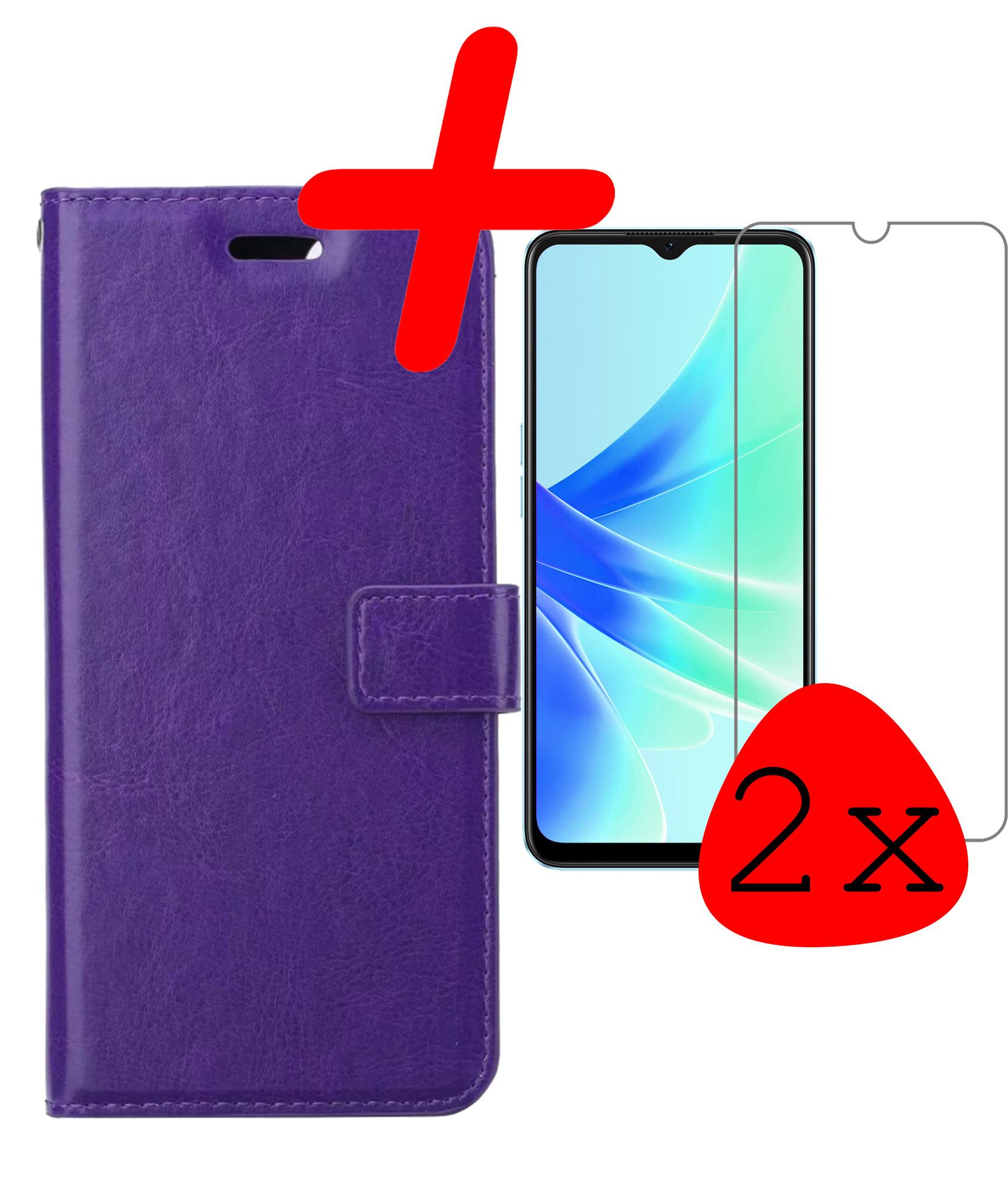 BASEY. Hoes Geschikt voor OPPO A17 Hoesje Bookcase Hoes Flip Case Book Cover Met 2x Screenprotector - Hoesje Geschikt voor OPPO A17 Hoes Book Case Hoesje - Paars