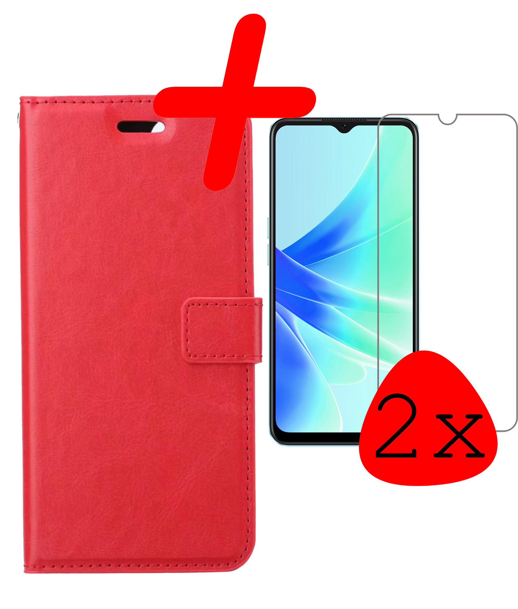 BASEY. Hoes Geschikt voor OPPO A17 Hoesje Bookcase Hoes Flip Case Book Cover Met 2x Screenprotector - Hoesje Geschikt voor OPPO A17 Hoes Book Case Hoesje - Rood