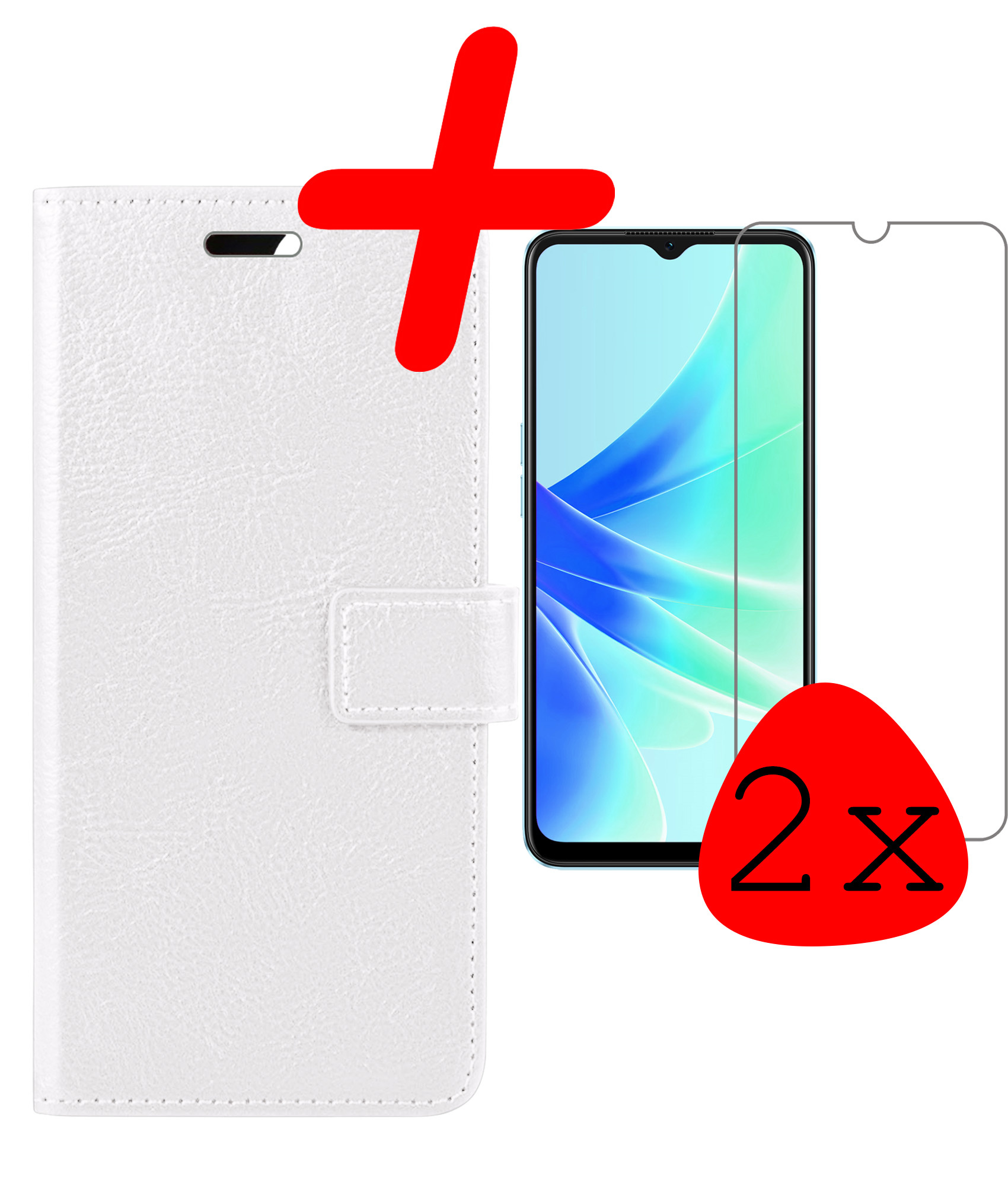 BASEY. OPPO A17 Hoesje Bookcase Hoes Flip Case Book Cover 2x Met Screenprotector - OPPO A17 Hoes Book Case Hoesje - Wit