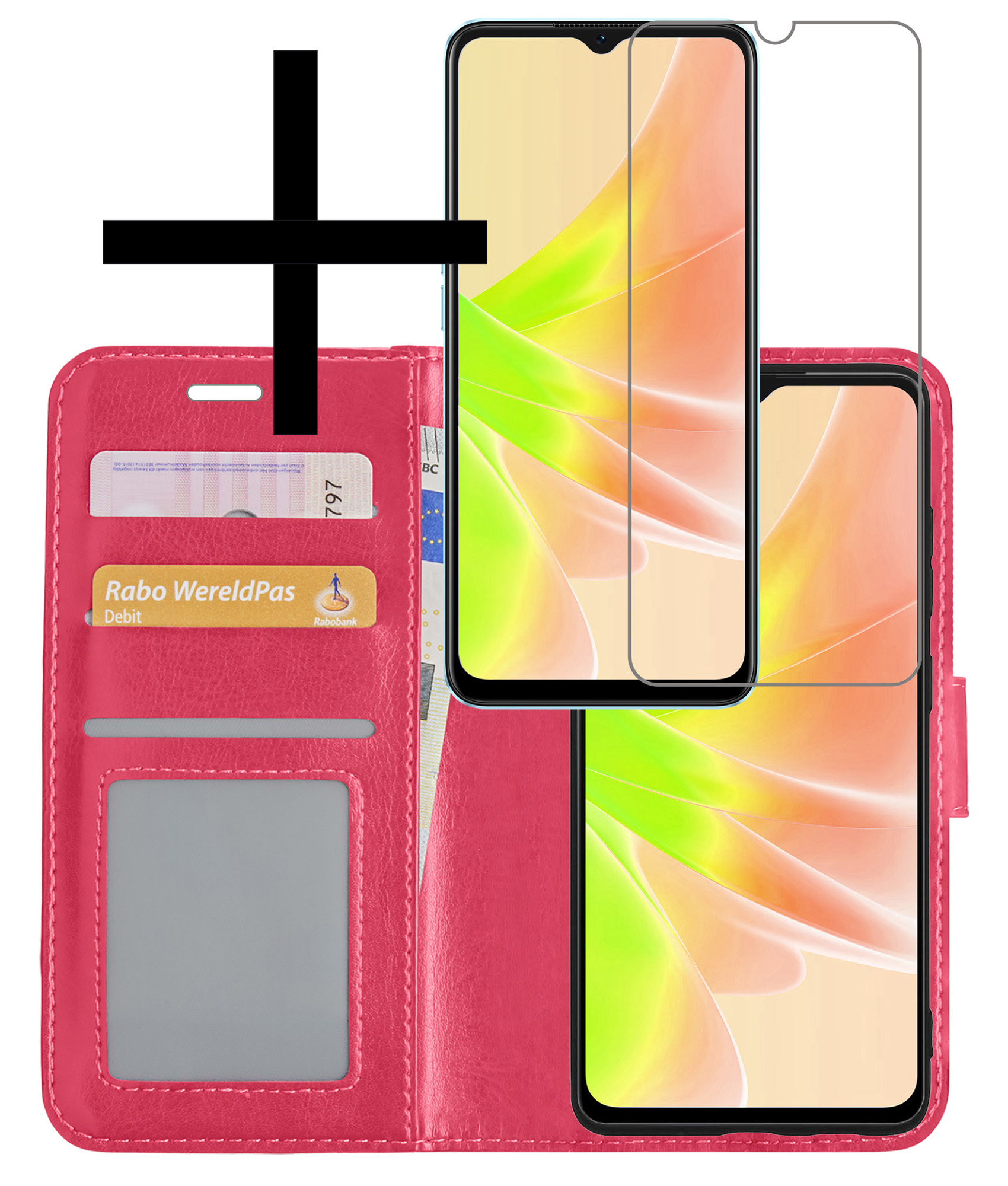 NoXx Hoes Geschikt voor OPPO A17 Hoesje Book Case Hoes Flip Cover Wallet Bookcase Met Screenprotector - Donkerroze