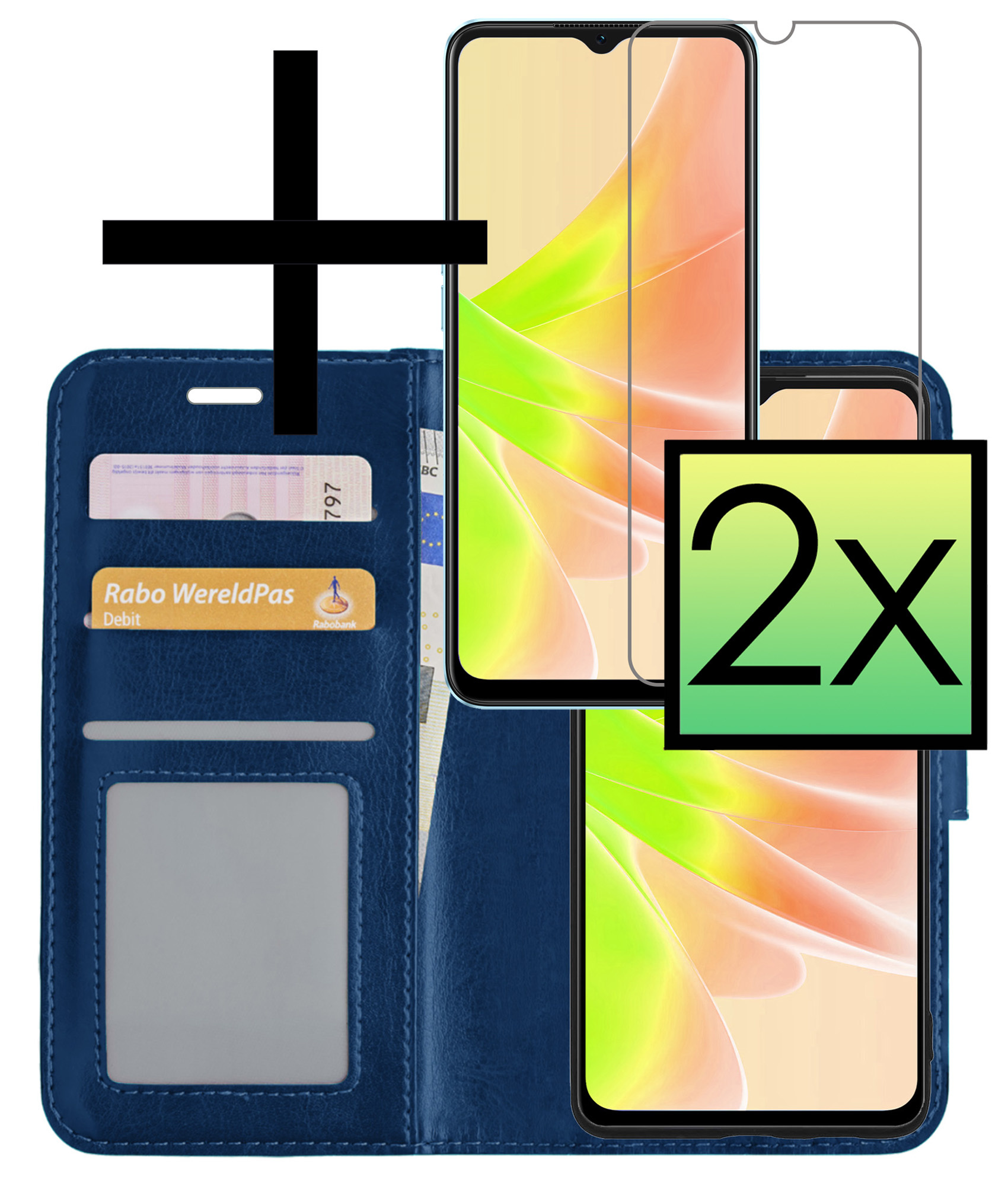 NoXx Hoes Geschikt voor OPPO A17 Hoesje Book Case Hoes Flip Cover Wallet Bookcase Met 2x Screenprotector - Donkerblauw