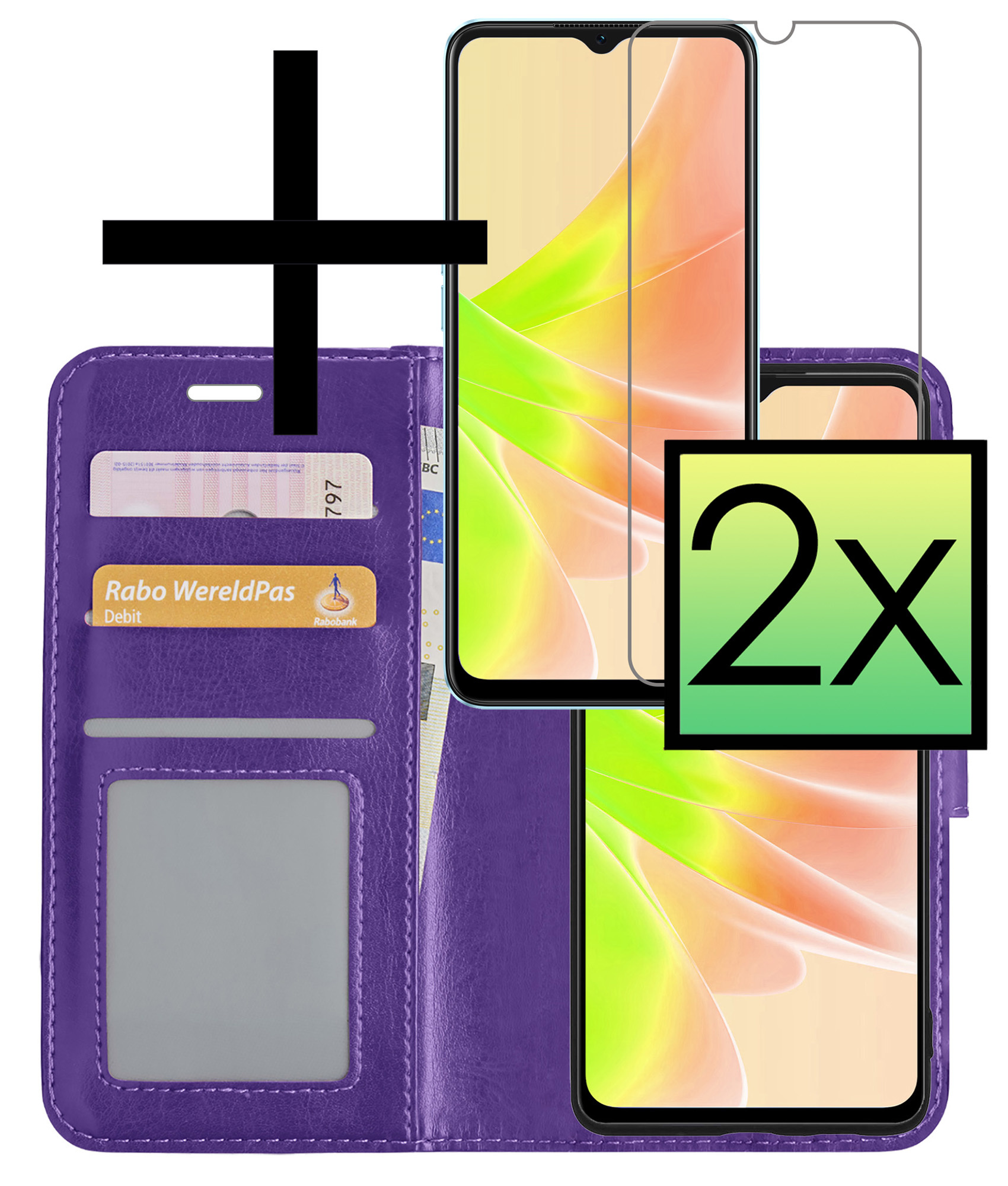 NoXx Hoes Geschikt voor OPPO A17 Hoesje Book Case Hoes Flip Cover Wallet Bookcase Met 2x Screenprotector - Paars
