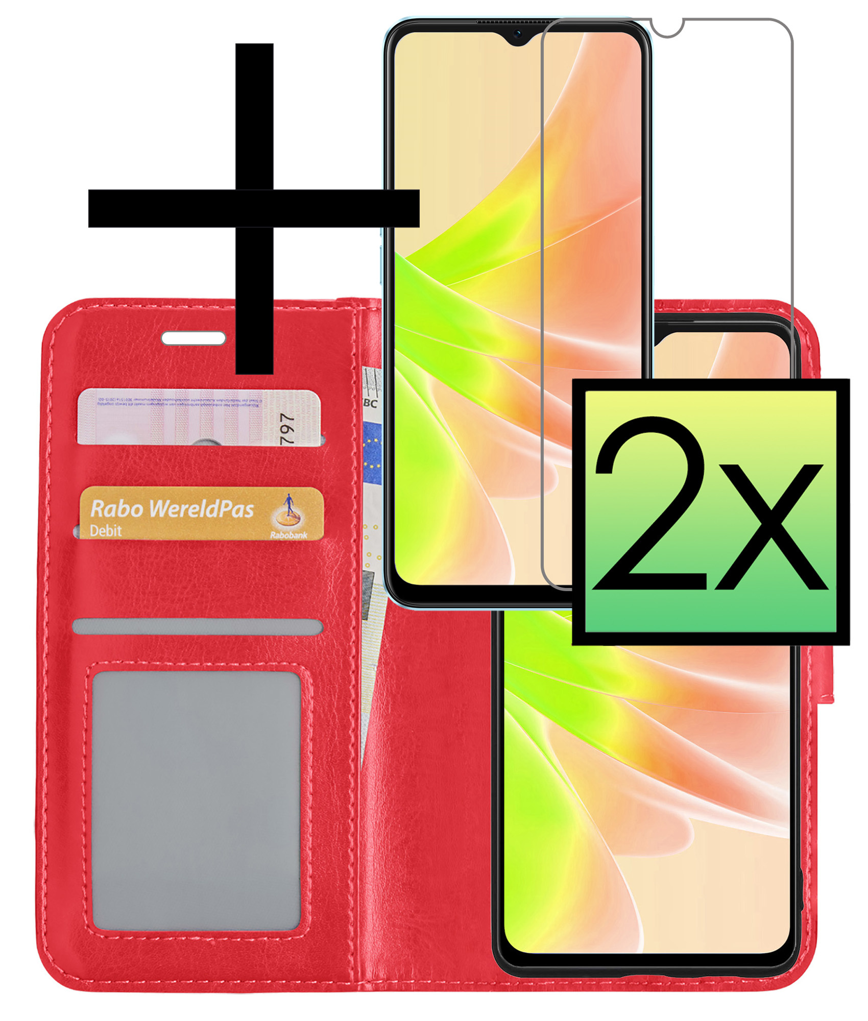 NoXx Hoes Geschikt voor OPPO A17 Hoesje Book Case Hoes Flip Cover Wallet Bookcase Met 2x Screenprotector - Rood