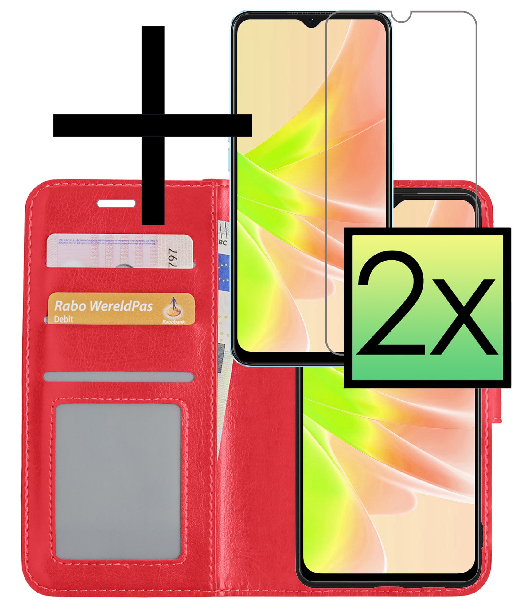 NoXx OPPO A17 Hoesje Book Case Hoes Flip Cover Bookcase 2x Met Screenprotector - Rood