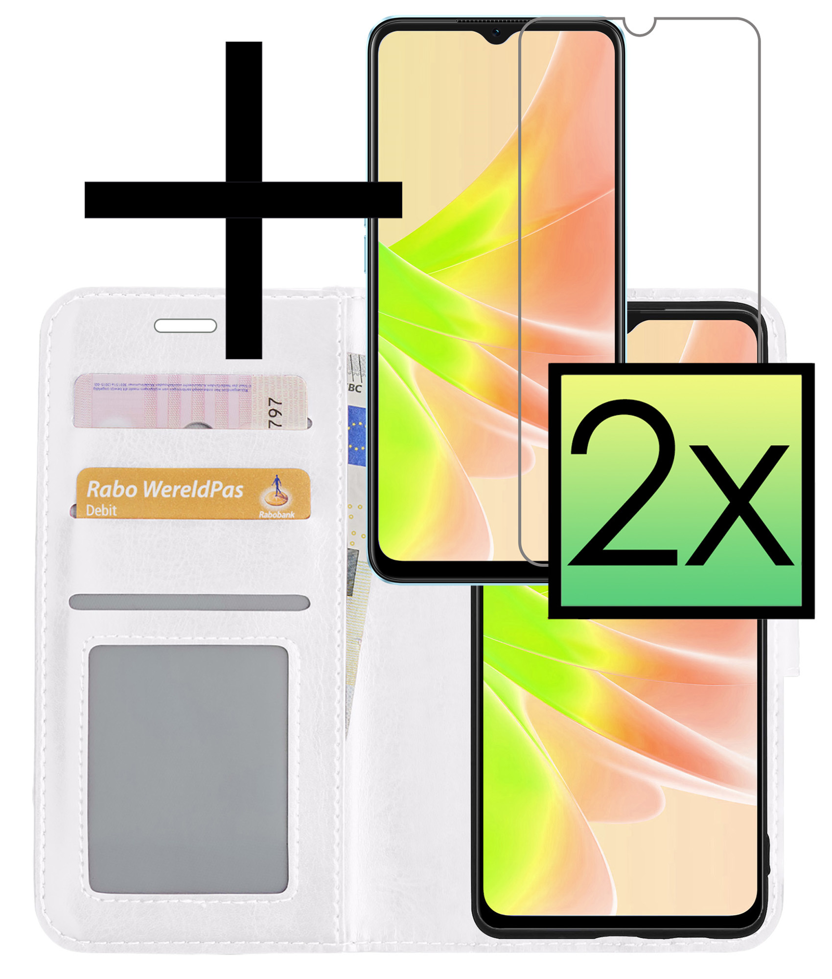 NoXx Hoes Geschikt voor OPPO A17 Hoesje Book Case Hoes Flip Cover Wallet Bookcase Met 2x Screenprotector - Wit