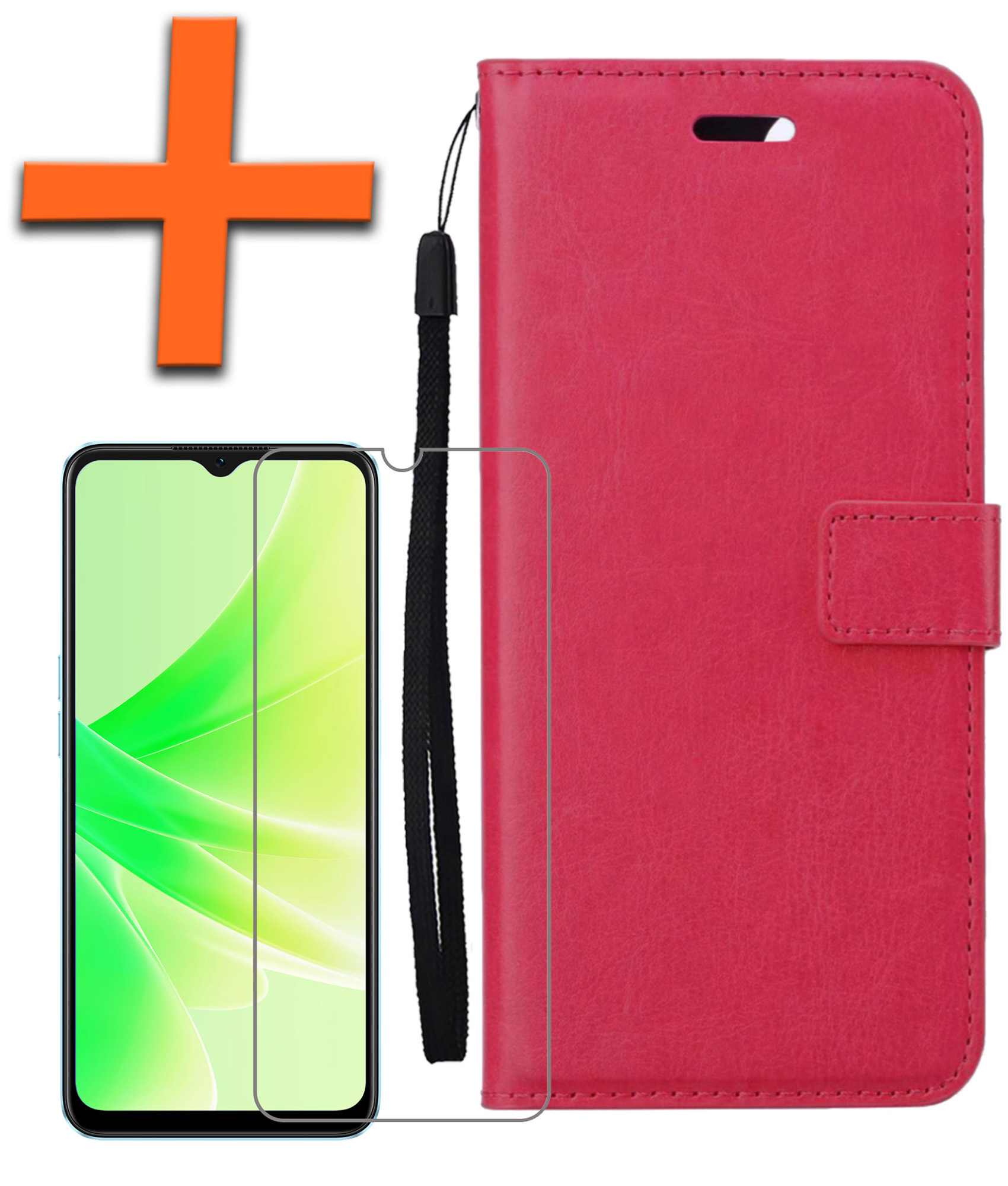 Nomfy Hoesje Geschikt voor OPPO A17 Hoes Bookcase Flipcase Book Cover Met Screenprotector - Hoes Geschikt voor OPPO A17 Hoesje Book Case - Donkerroze