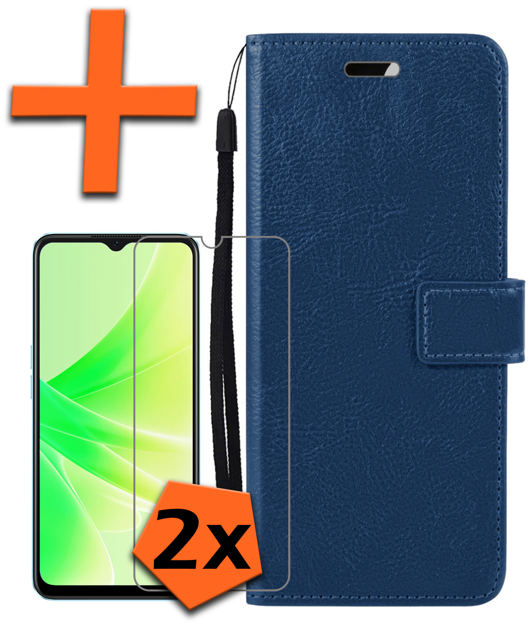 Nomfy Hoesje Geschikt voor OPPO A17 Hoes Bookcase Flipcase Book Cover Met 2x Screenprotector - Hoes Geschikt voor OPPO A17 Hoesje Book Case - Donkerblauw