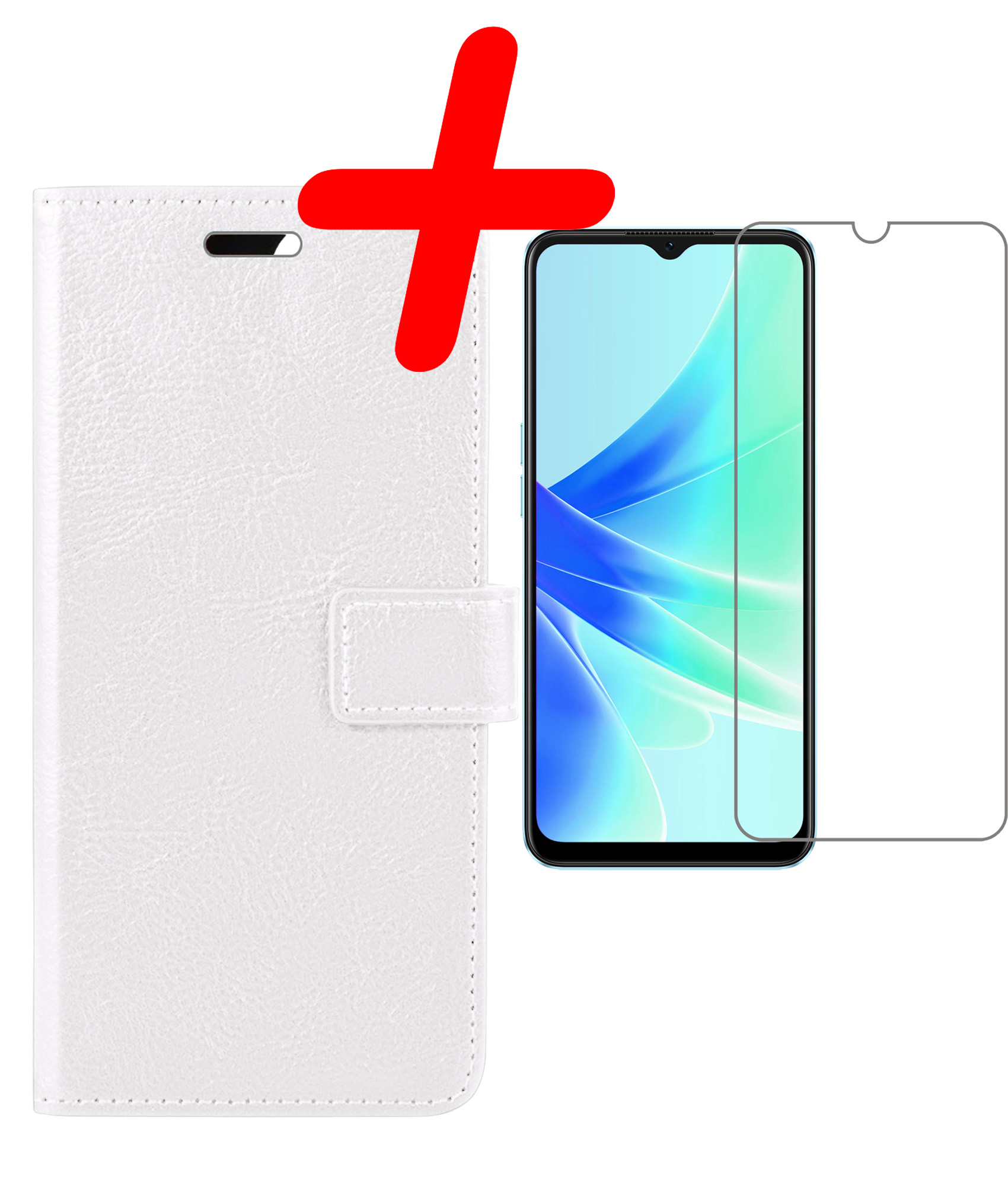 BASEY. Hoes Geschikt voor OPPO A17 Hoesje Bookcase Hoes Flip Case Book Cover Met Screenprotector - Hoesje Geschikt voor OPPO A17 Hoes Book Case Hoesje - Wit