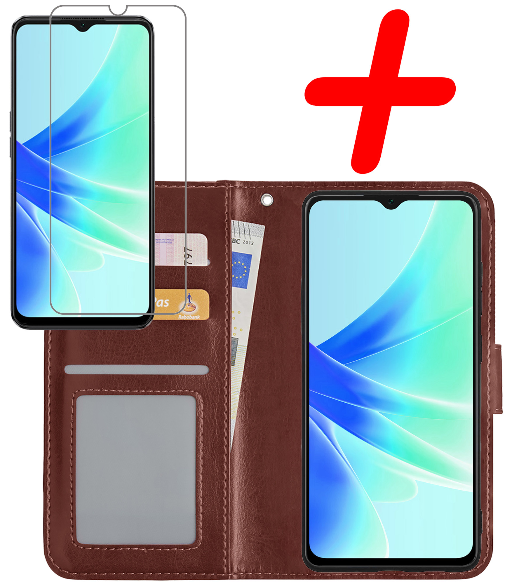BASEY. Hoes Geschikt voor OPPO A57 Hoesje Bookcase Hoes Flip Case Book Cover Met Screenprotector - Hoesje Geschikt voor OPPO A57 Hoes Book Case Hoesje - Bruin