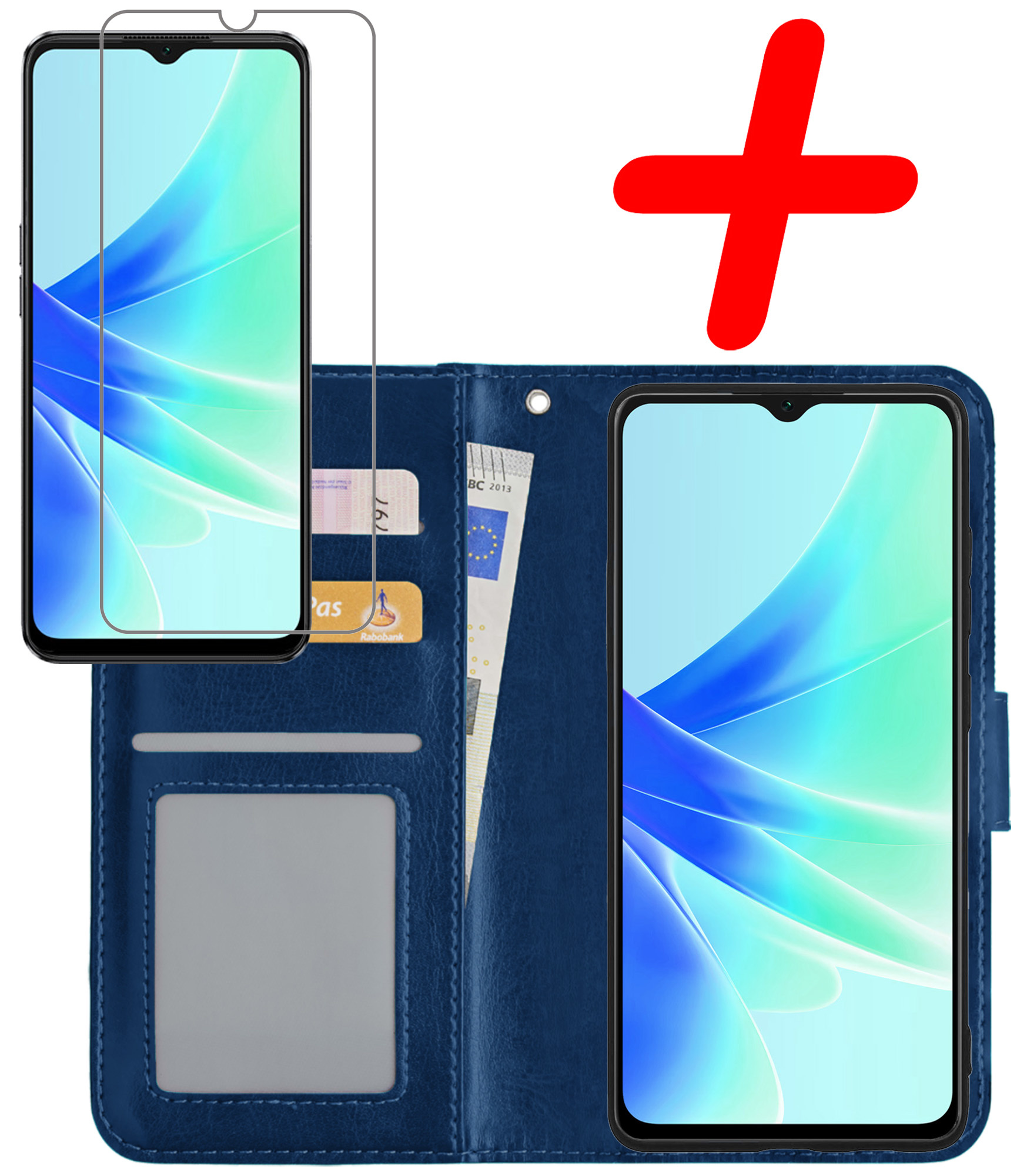 BASEY. Hoes Geschikt voor OPPO A57 Hoesje Bookcase Hoes Flip Case Book Cover Met Screenprotector - Hoesje Geschikt voor OPPO A57 Hoes Book Case Hoesje - Donkerblauw