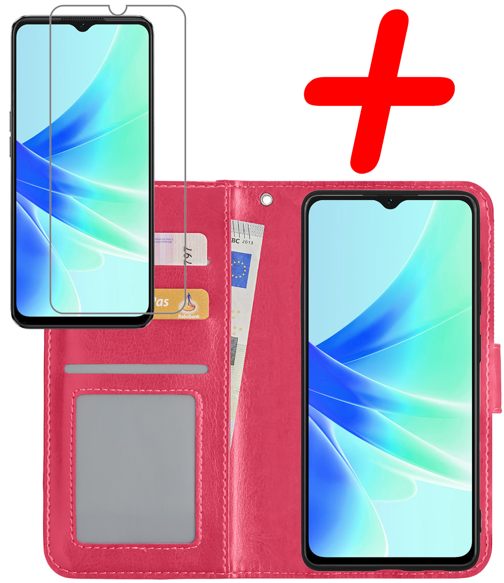 BASEY. Hoes Geschikt voor OPPO A57 Hoesje Bookcase Hoes Flip Case Book Cover Met Screenprotector - Hoesje Geschikt voor OPPO A57 Hoes Book Case Hoesje - Donkerroze