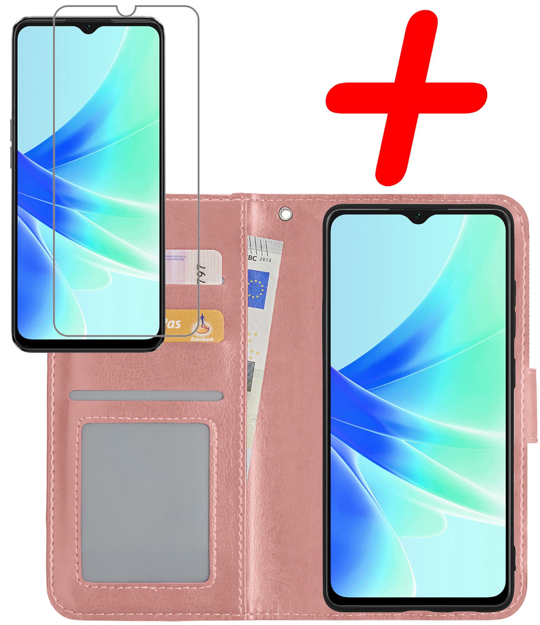 BASEY. Hoes Geschikt voor OPPO A57 Hoesje Bookcase Hoes Flip Case Book Cover Met Screenprotector - Hoesje Geschikt voor OPPO A57 Hoes Book Case Hoesje - Rosé goud