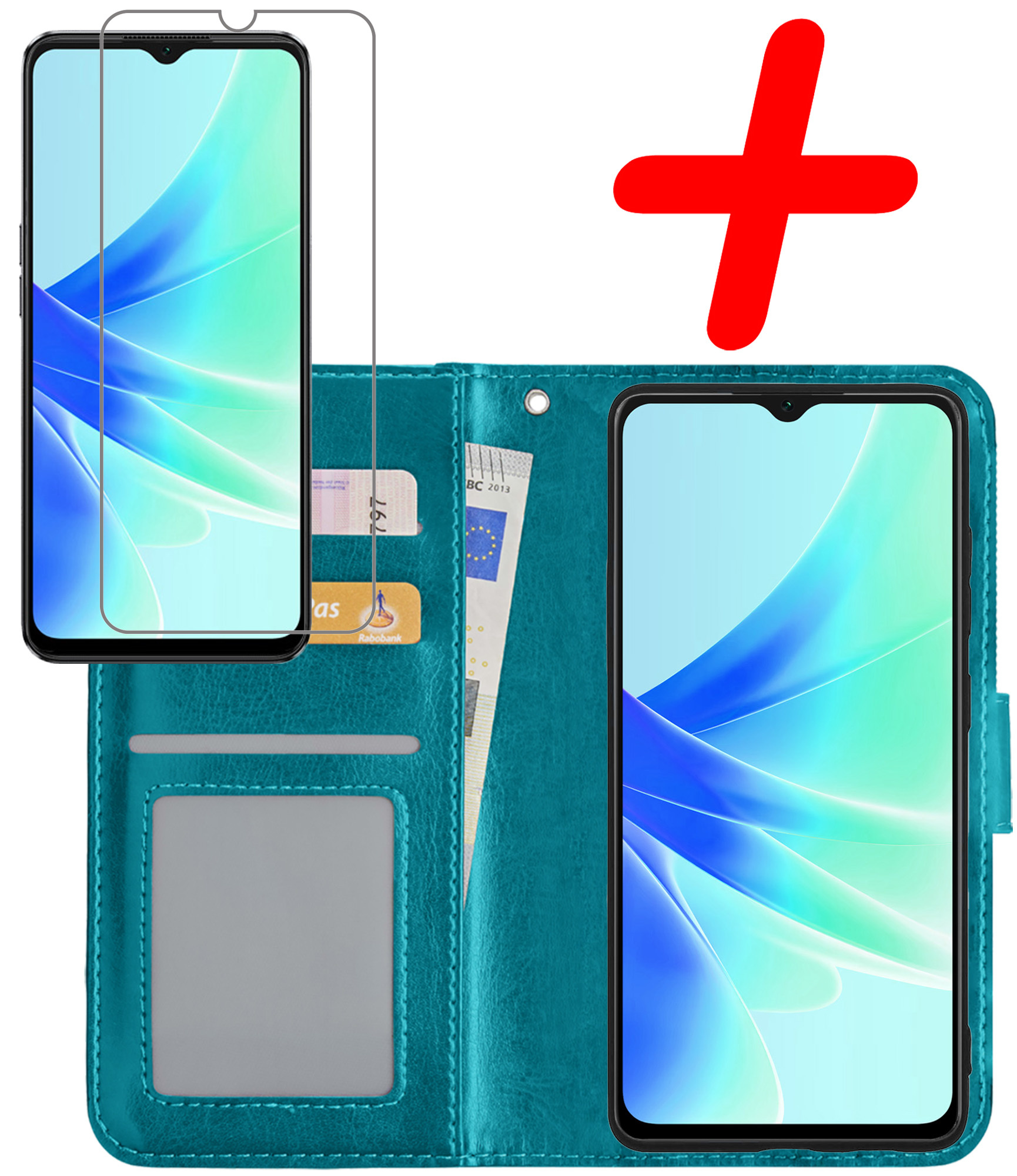 BASEY. Hoes Geschikt voor OPPO A57 Hoesje Bookcase Hoes Flip Case Book Cover Met Screenprotector - Hoesje Geschikt voor OPPO A57 Hoes Book Case Hoesje - Turquoise