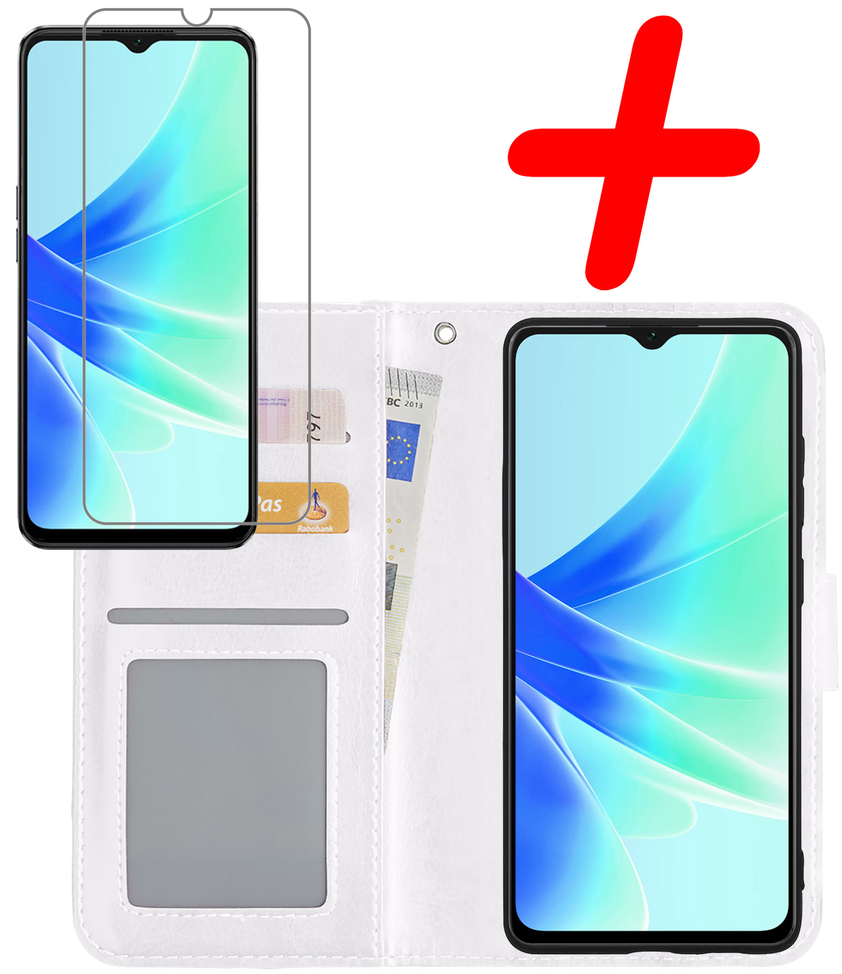BASEY. Hoes Geschikt voor OPPO A57 Hoesje Bookcase Hoes Flip Case Book Cover Met Screenprotector - Hoesje Geschikt voor OPPO A57 Hoes Book Case Hoesje - Wit
