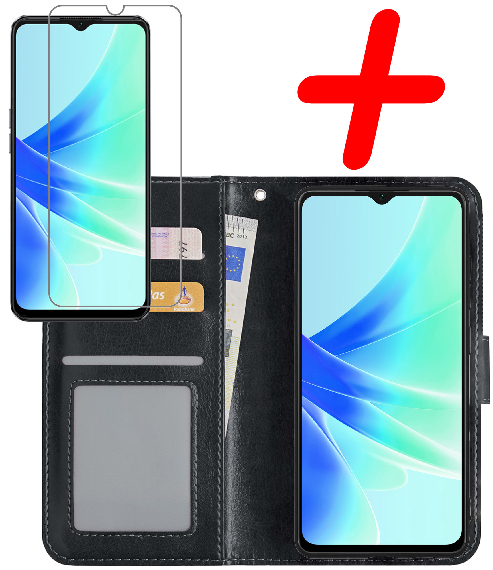 BASEY. Hoes Geschikt voor OPPO A57 Hoesje Bookcase Hoes Flip Case Book Cover Met Screenprotector - Hoesje Geschikt voor OPPO A57 Hoes Book Case Hoesje - Zwart