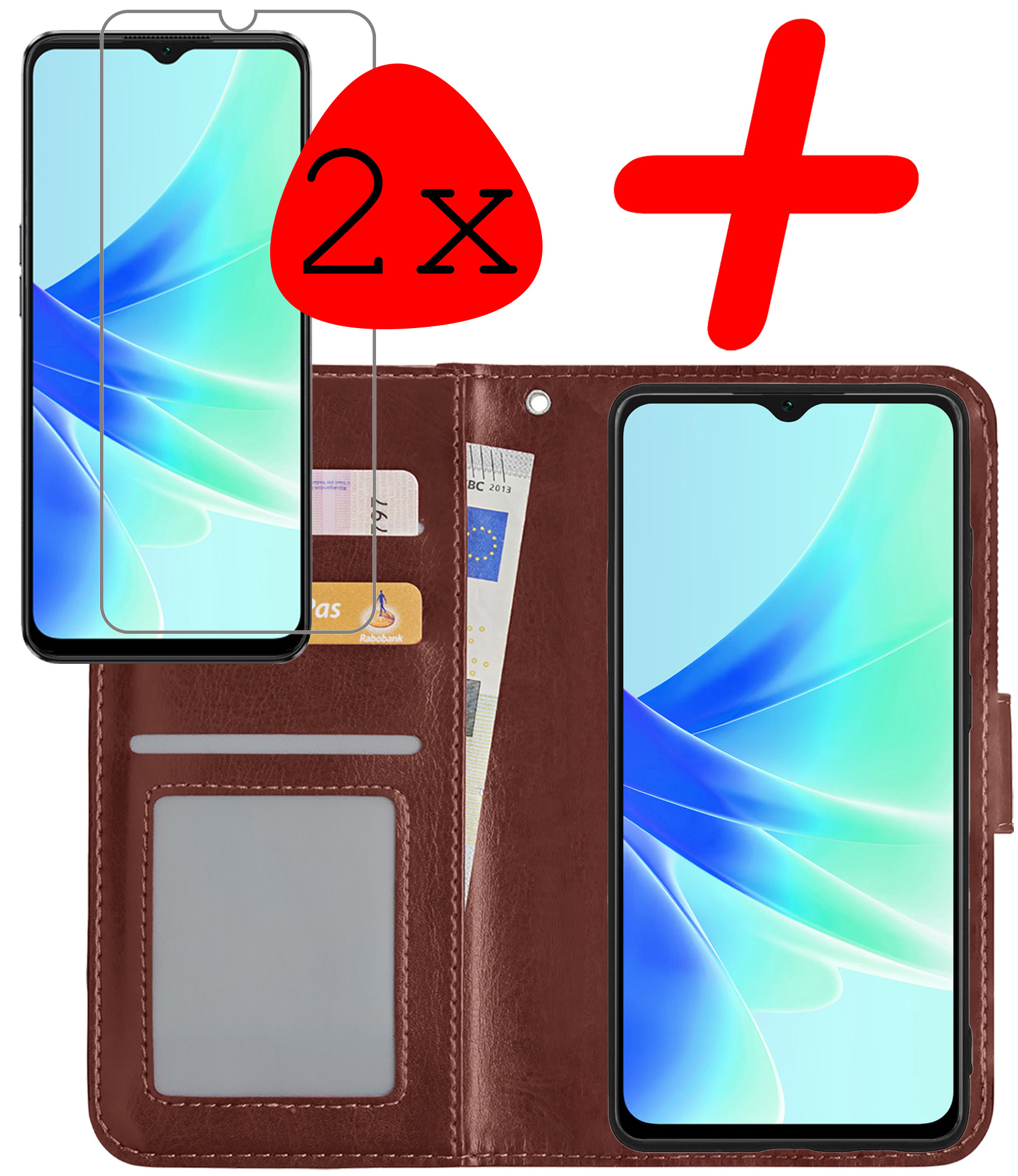 BASEY. Hoes Geschikt voor OPPO A57 Hoesje Bookcase Hoes Flip Case Book Cover Met 2x Screenprotector - Hoesje Geschikt voor OPPO A57 Hoes Book Case Hoesje - Bruin