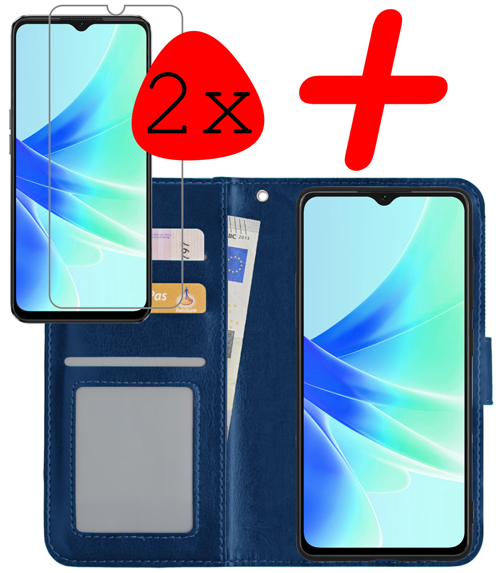 BASEY. Hoes Geschikt voor OPPO A57 Hoesje Bookcase Hoes Flip Case Book Cover Met 2x Screenprotector - Hoesje Geschikt voor OPPO A57 Hoes Book Case Hoesje - Donkerblauw