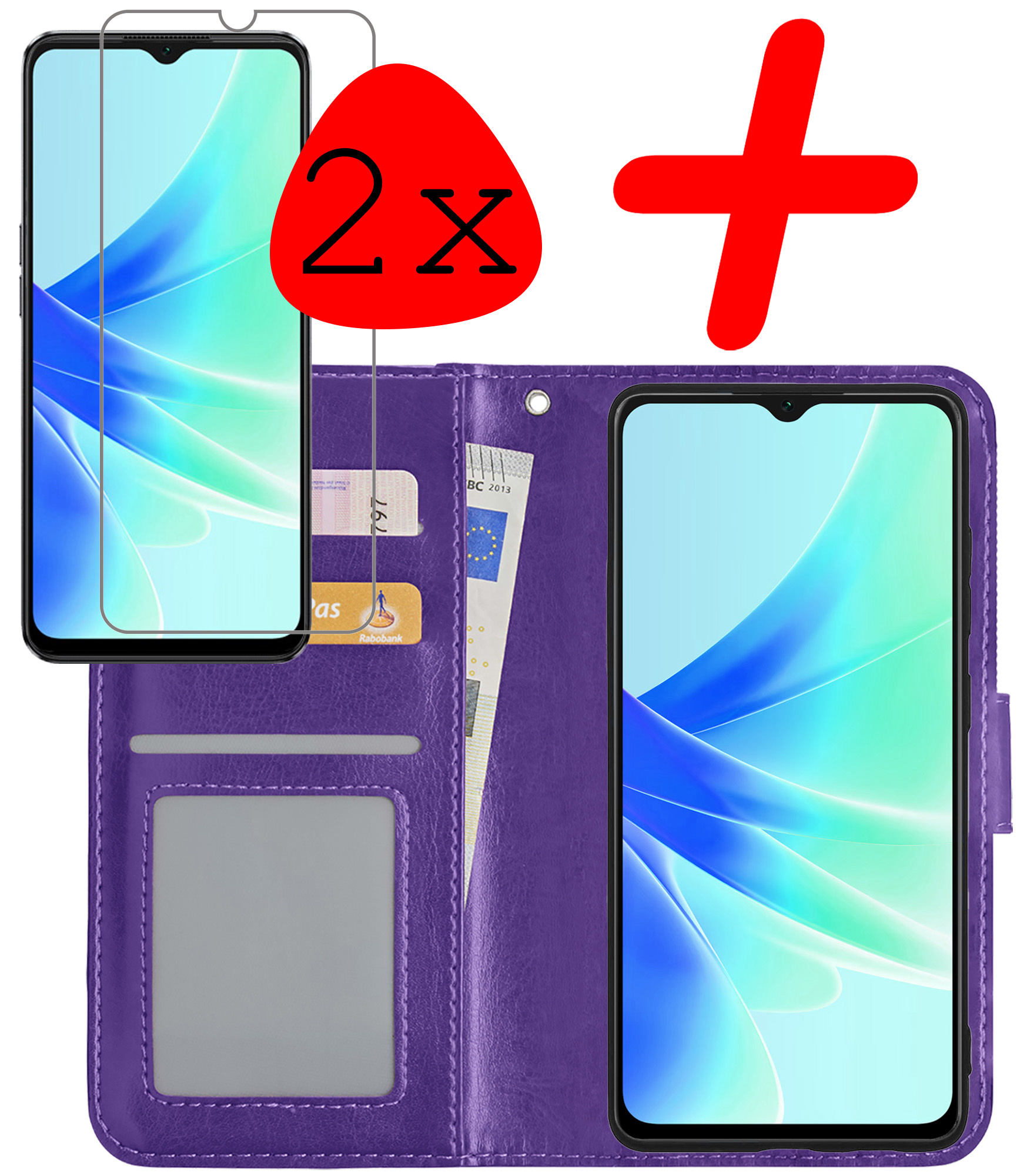 BASEY. Hoes Geschikt voor OPPO A57 Hoesje Bookcase Hoes Flip Case Book Cover Met 2x Screenprotector - Hoesje Geschikt voor OPPO A57 Hoes Book Case Hoesje - Paars