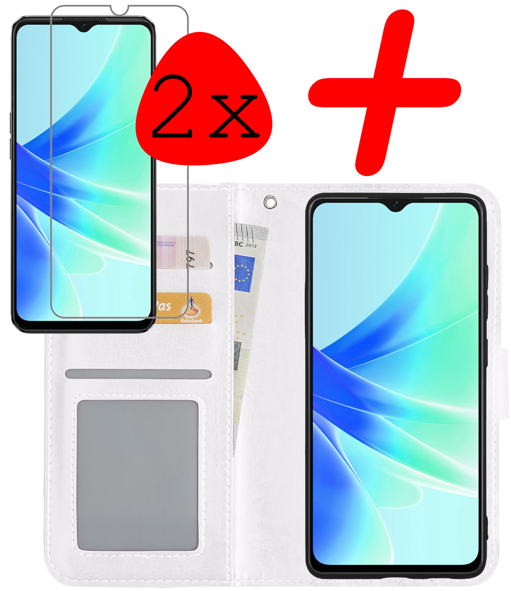 BASEY. Hoes Geschikt voor OPPO A57 Hoesje Bookcase Hoes Flip Case Book Cover Met 2x Screenprotector - Hoesje Geschikt voor OPPO A57 Hoes Book Case Hoesje - Wit