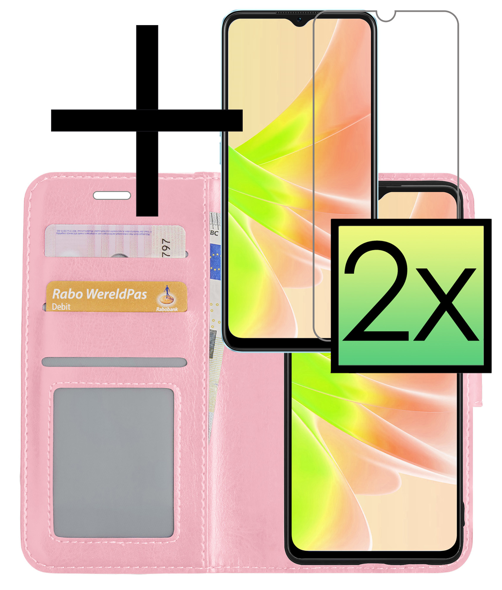 NoXx Hoes Geschikt voor OPPO A57 Hoesje Book Case Hoes Flip Cover Wallet Bookcase Met 2x Screenprotector - Lichtroze