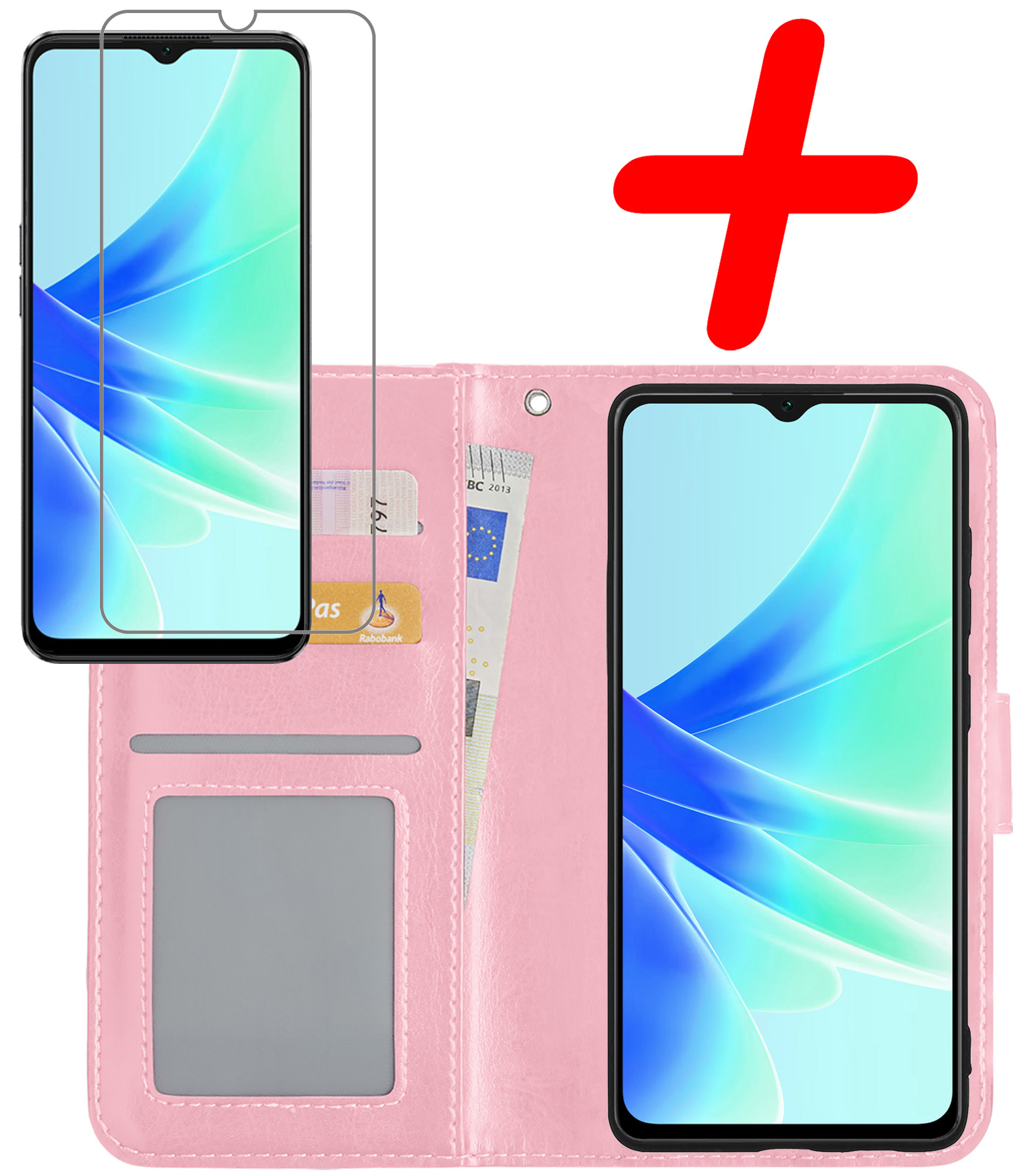 BASEY. Hoes Geschikt voor OPPO A57s Hoesje Bookcase Hoes Flip Case Book Cover Met Screenprotector - Hoesje Geschikt voor OPPO A57s Hoes Book Case Hoesje - Lichtroze