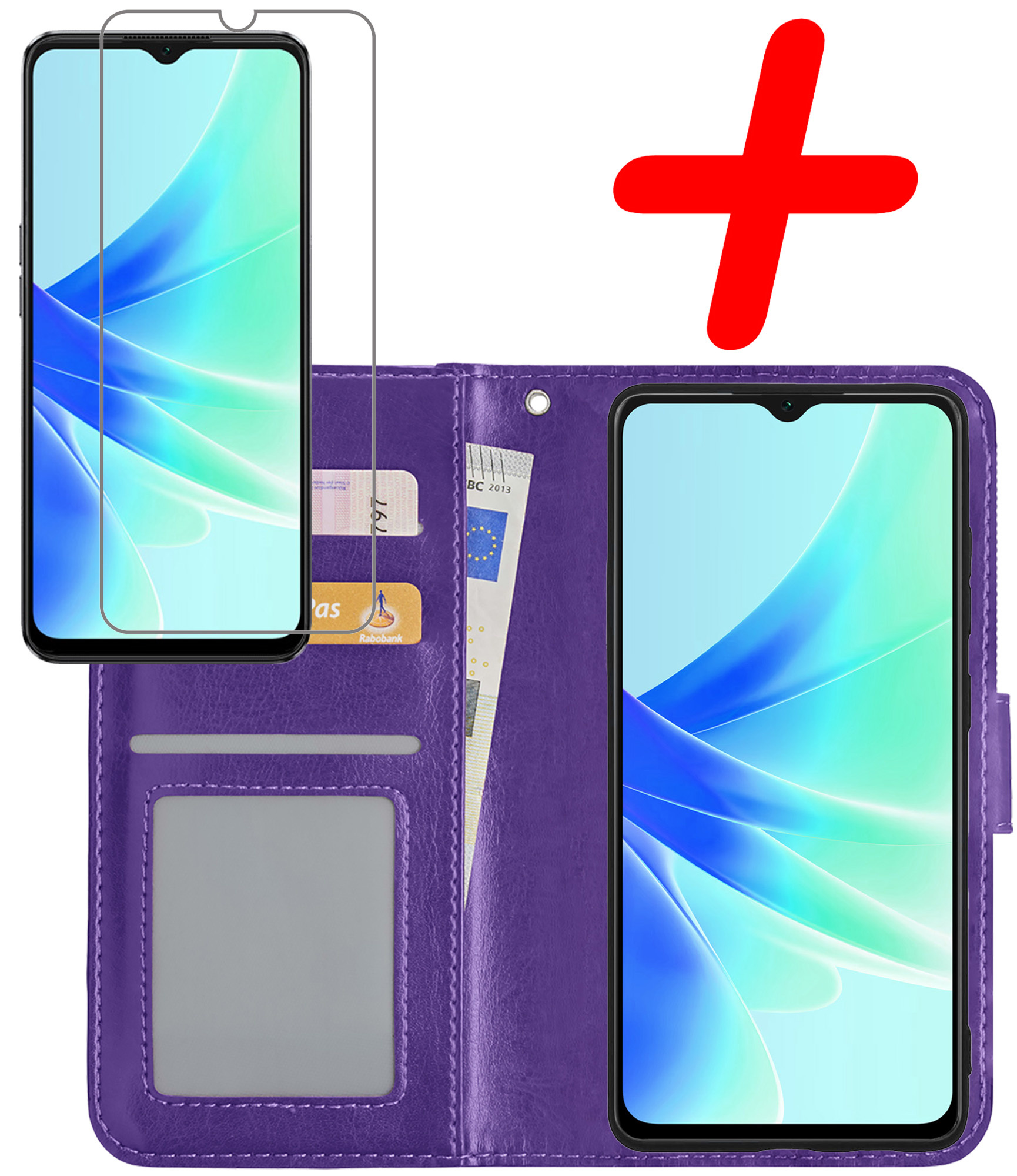 BASEY. Hoes Geschikt voor OPPO A57s Hoesje Bookcase Hoes Flip Case Book Cover Met Screenprotector - Hoesje Geschikt voor OPPO A57s Hoes Book Case Hoesje - Paars