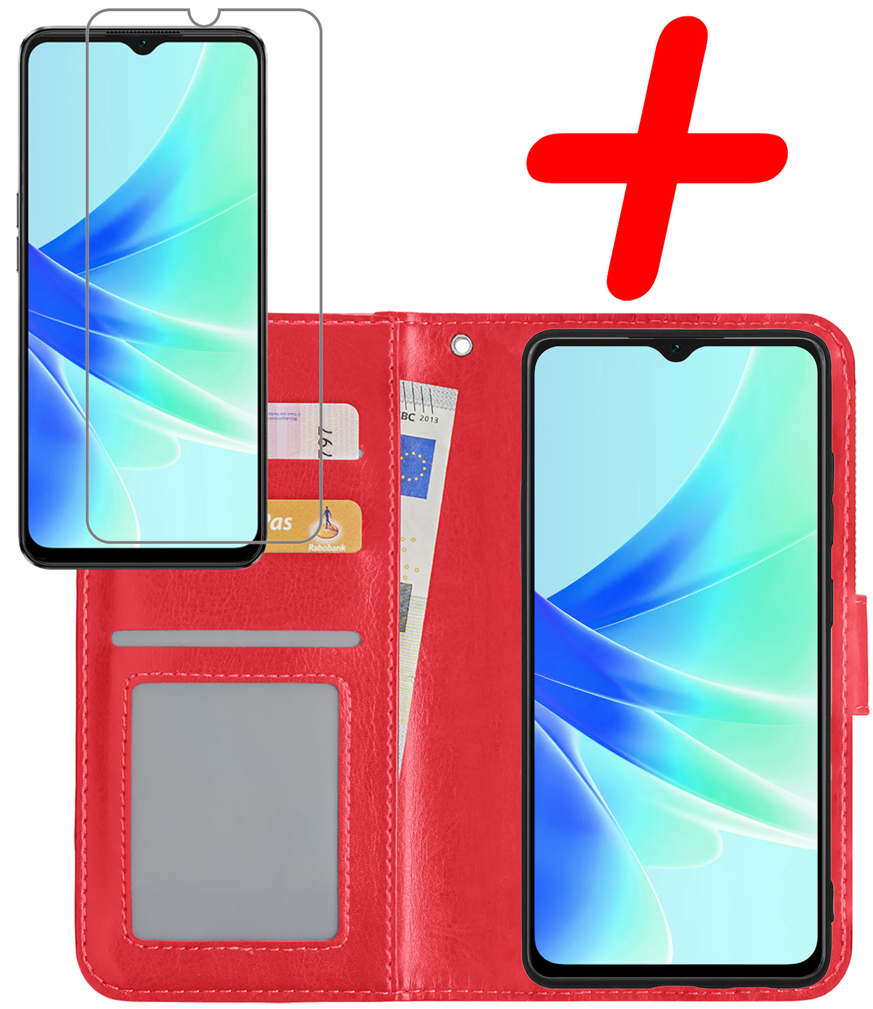 BASEY. Hoes Geschikt voor OPPO A57s Hoesje Bookcase Hoes Flip Case Book Cover Met Screenprotector - Hoesje Geschikt voor OPPO A57s Hoes Book Case Hoesje - Rood