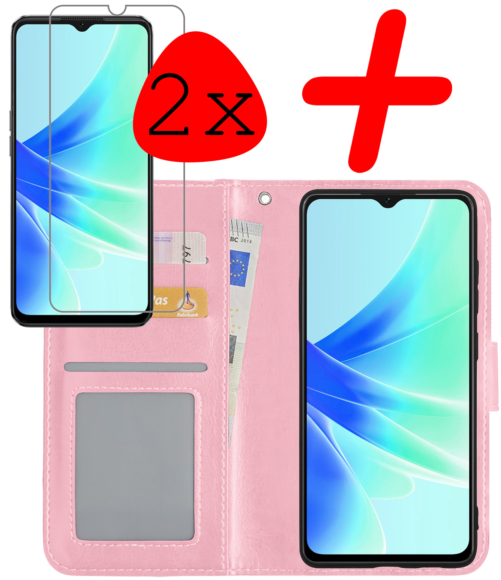 BASEY. Hoes Geschikt voor OPPO A57s Hoesje Bookcase Hoes Flip Case Book Cover Met 2x Screenprotector - Hoesje Geschikt voor OPPO A57s Hoes Book Case Hoesje - Lichtroze