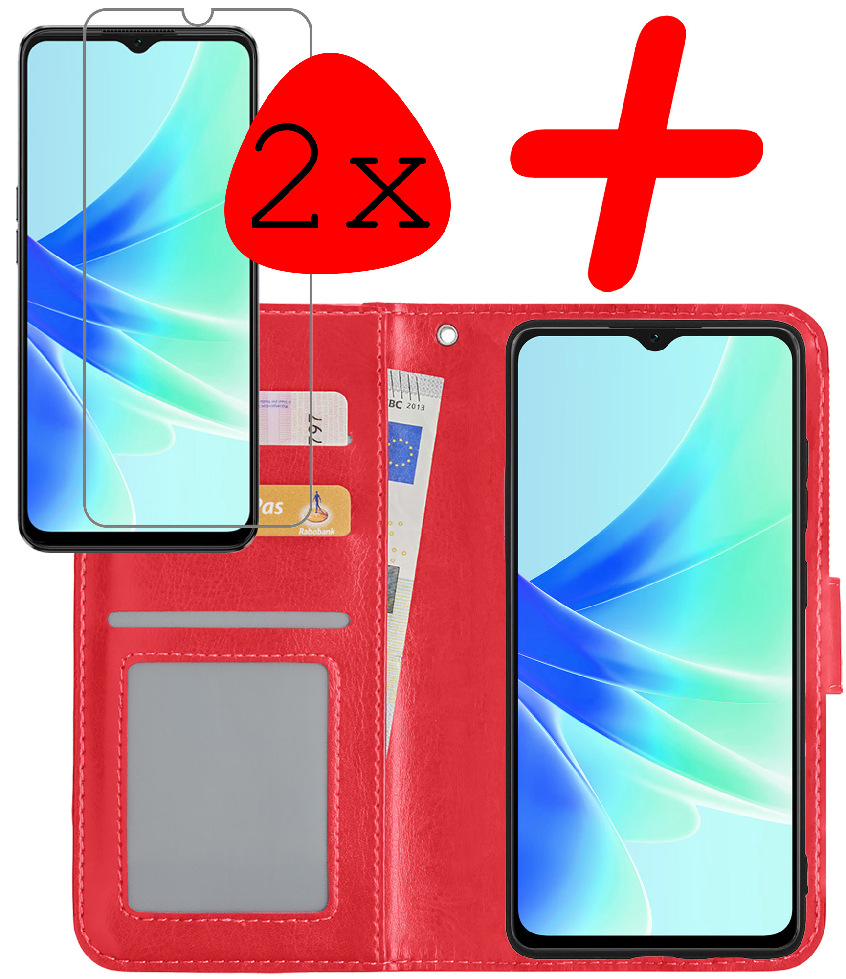 BASEY. Hoes Geschikt voor OPPO A57s Hoesje Bookcase Hoes Flip Case Book Cover Met 2x Screenprotector - Hoesje Geschikt voor OPPO A57s Hoes Book Case Hoesje - Rood