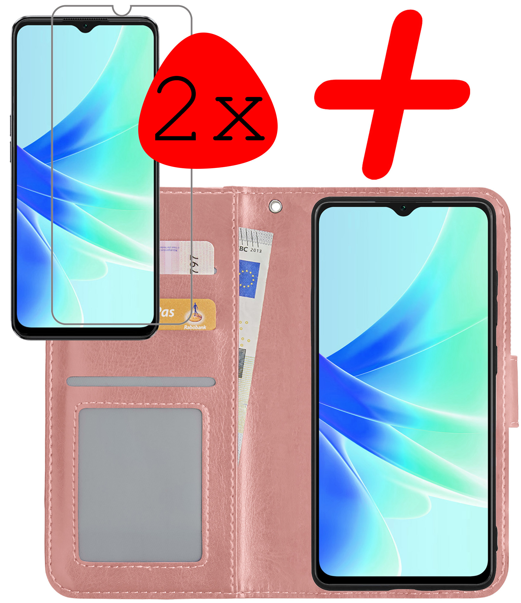 BASEY. Hoes Geschikt voor OPPO A57s Hoesje Bookcase Hoes Flip Case Book Cover Met 2x Screenprotector - Hoesje Geschikt voor OPPO A57s Hoes Book Case Hoesje - Rosé goud
