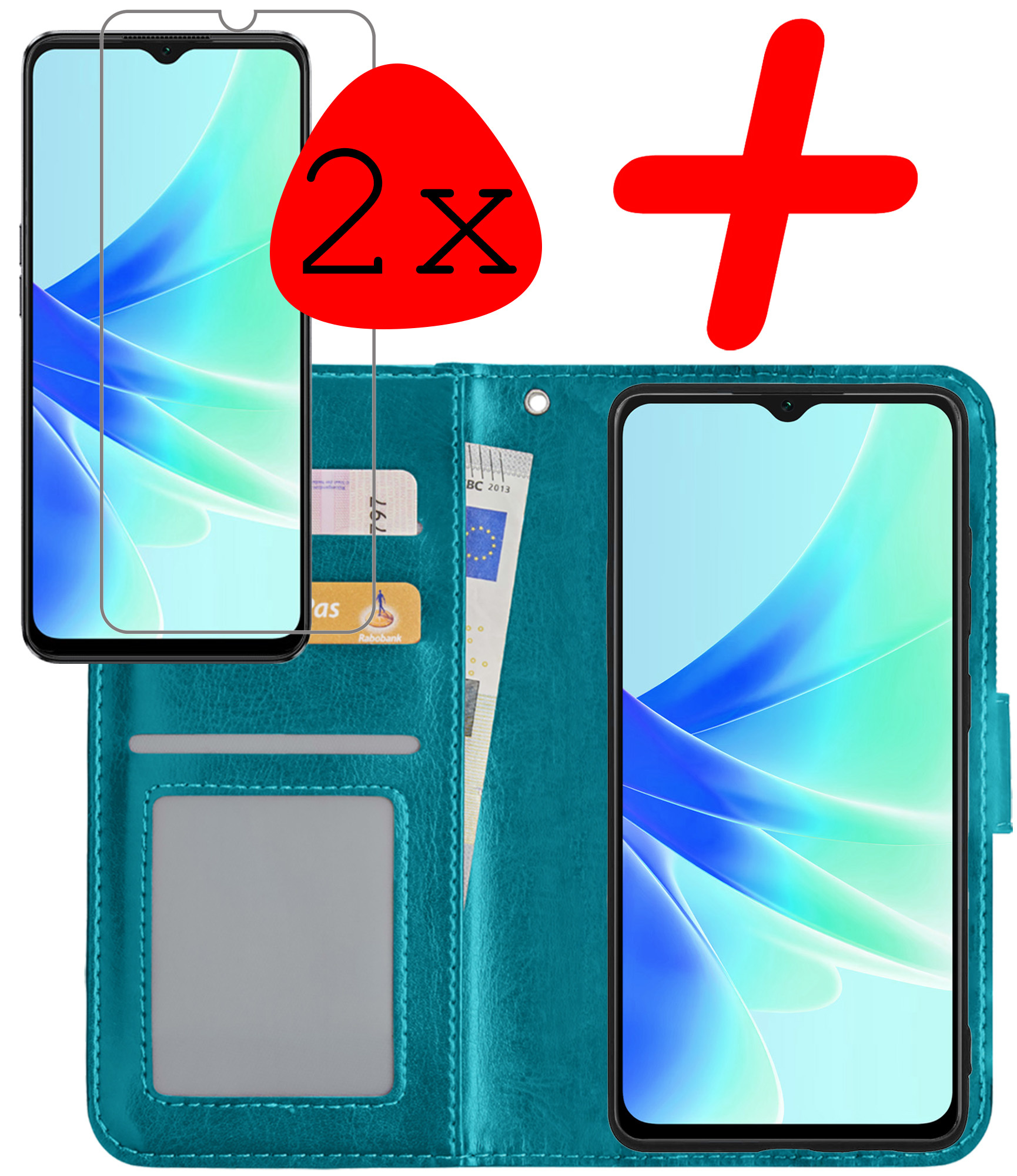 BASEY. Hoes Geschikt voor OPPO A57s Hoesje Bookcase Hoes Flip Case Book Cover Met 2x Screenprotector - Hoesje Geschikt voor OPPO A57s Hoes Book Case Hoesje - Turquoise