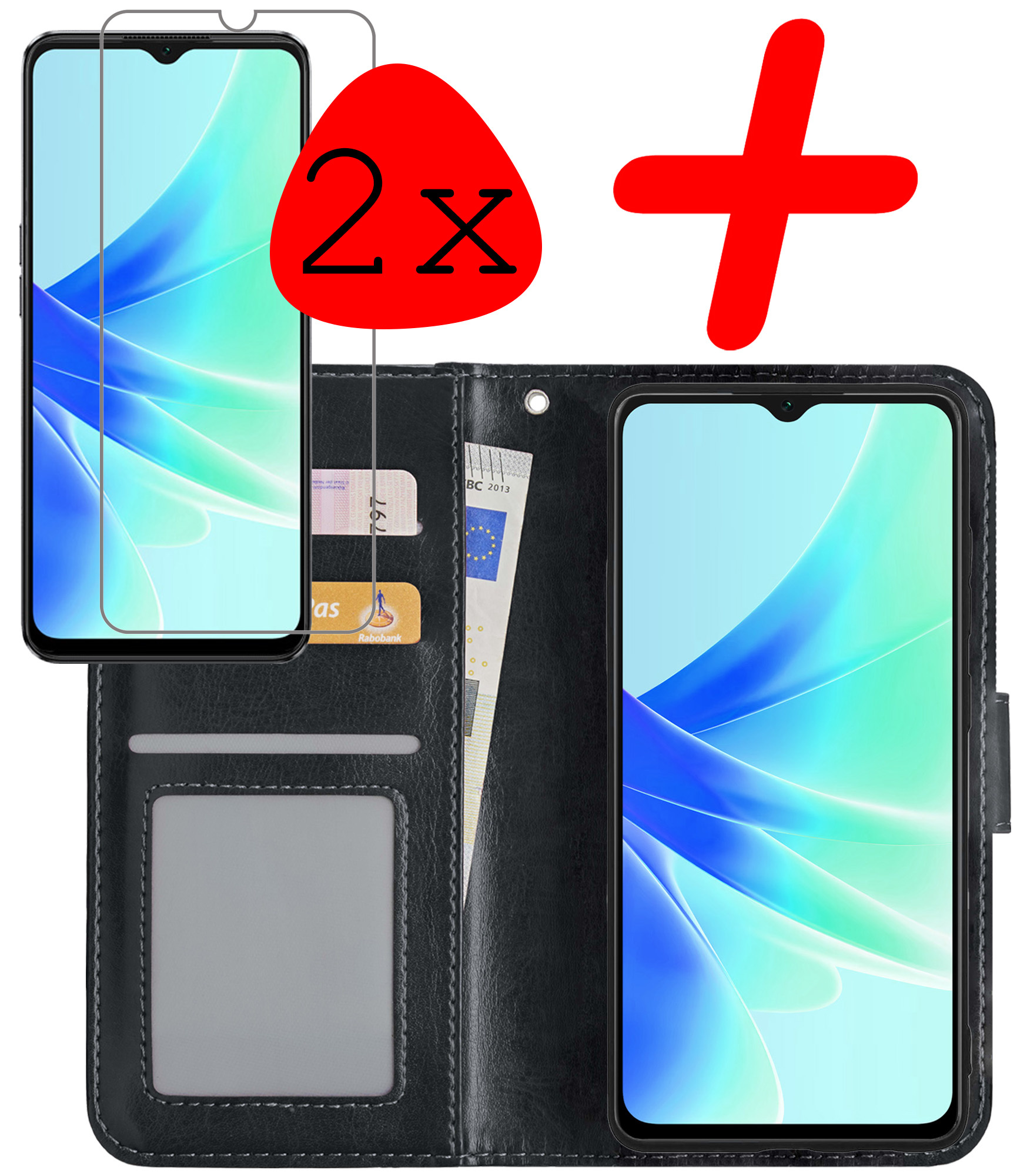BASEY. Hoes Geschikt voor OPPO A57s Hoesje Bookcase Hoes Flip Case Book Cover Met 2x Screenprotector - Hoesje Geschikt voor OPPO A57s Hoes Book Case Hoesje - Zwart