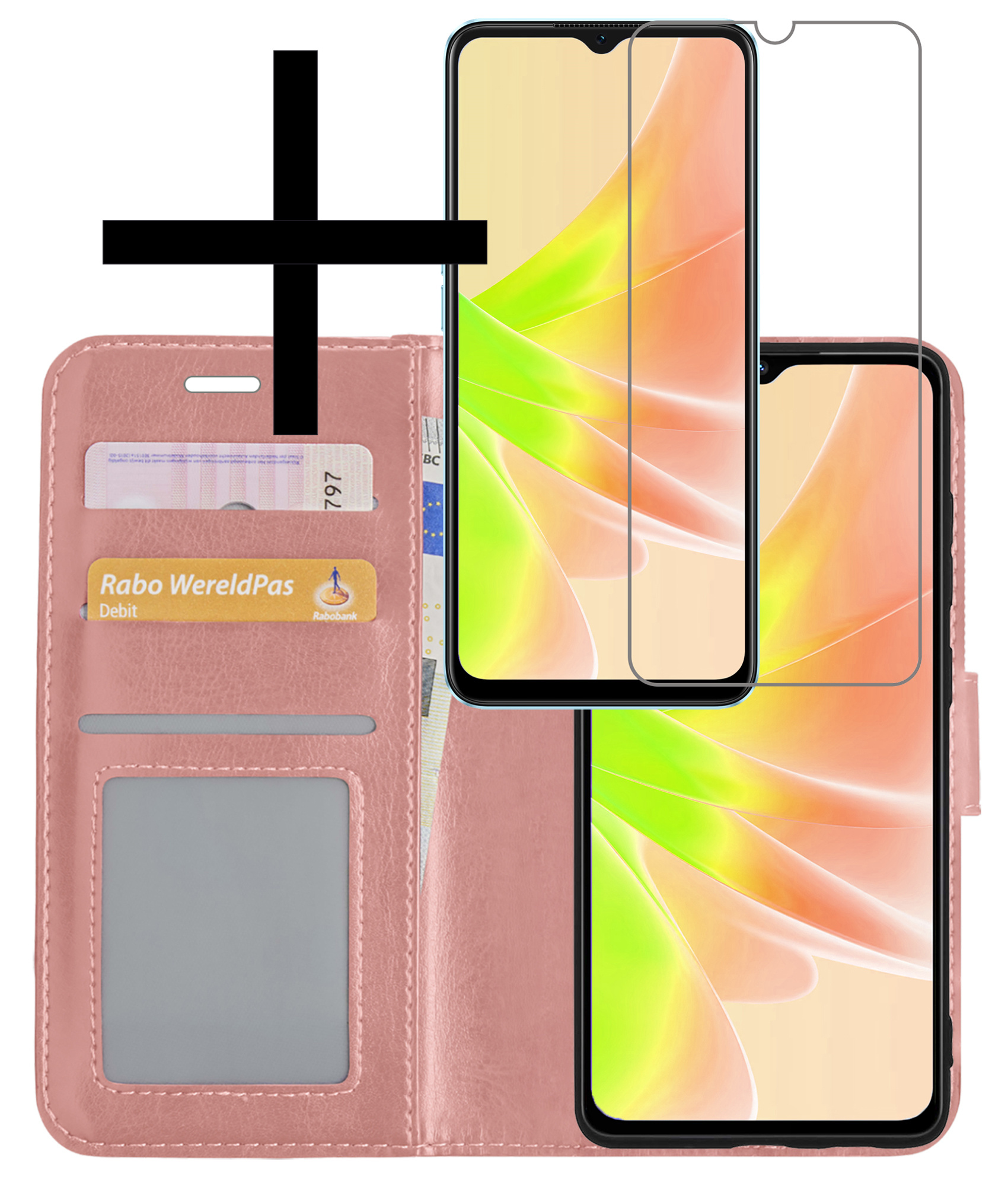 NoXx Hoes Geschikt voor OPPO A57s Hoesje Book Case Hoes Flip Cover Wallet Bookcase Met Screenprotector - Rosé goud
