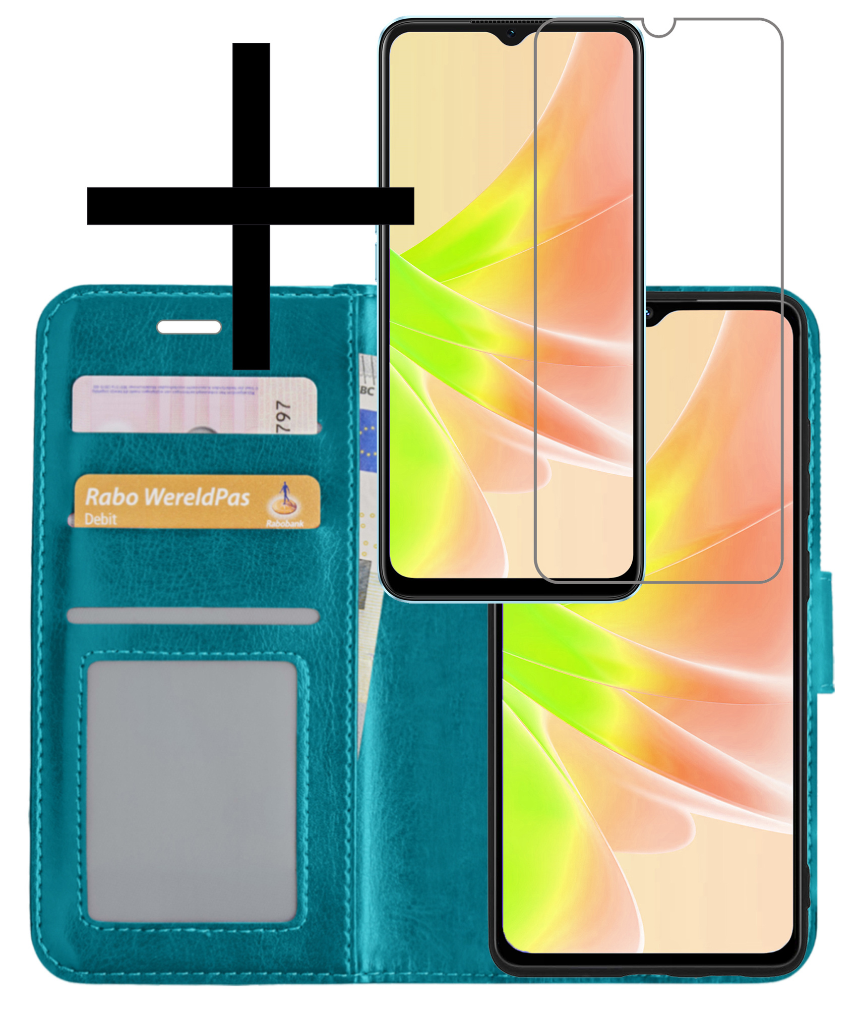 Hoes Geschikt voor OPPO A57s Hoesje Book Case Hoes Flip Cover Wallet Bookcase Met Screenprotector - Turquoise