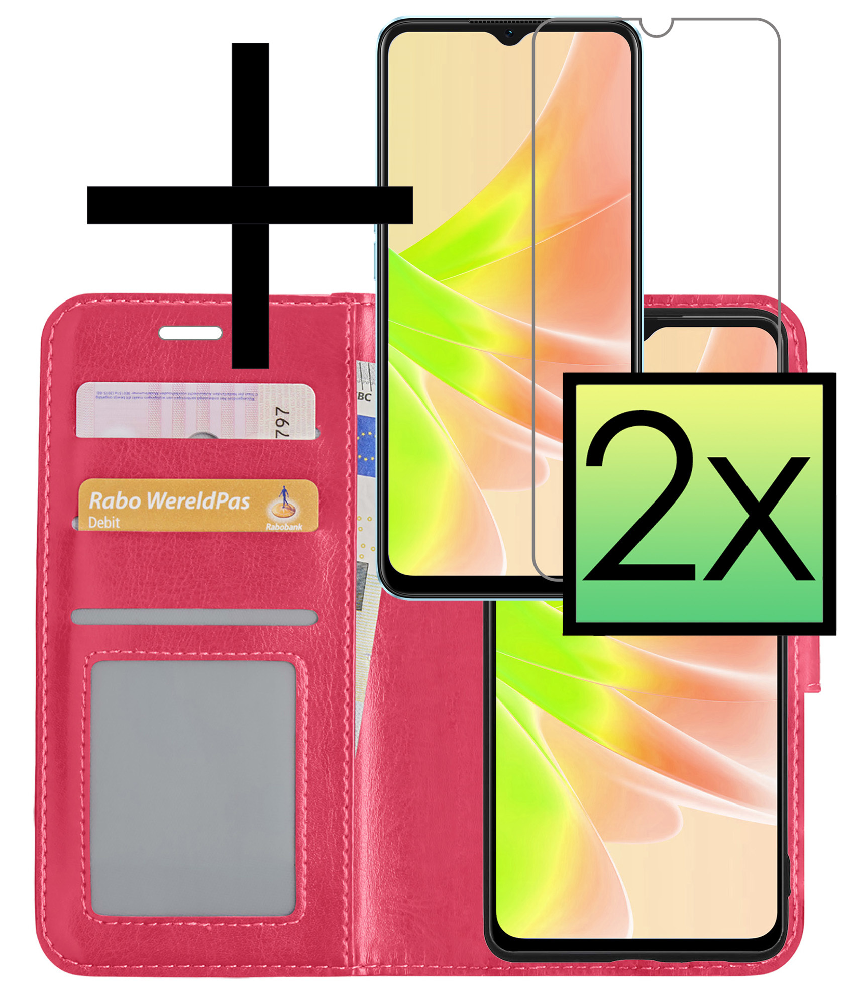 NoXx Hoes Geschikt voor OPPO A57s Hoesje Book Case Hoes Flip Cover Wallet Bookcase Met 2x Screenprotector - Donkerroze