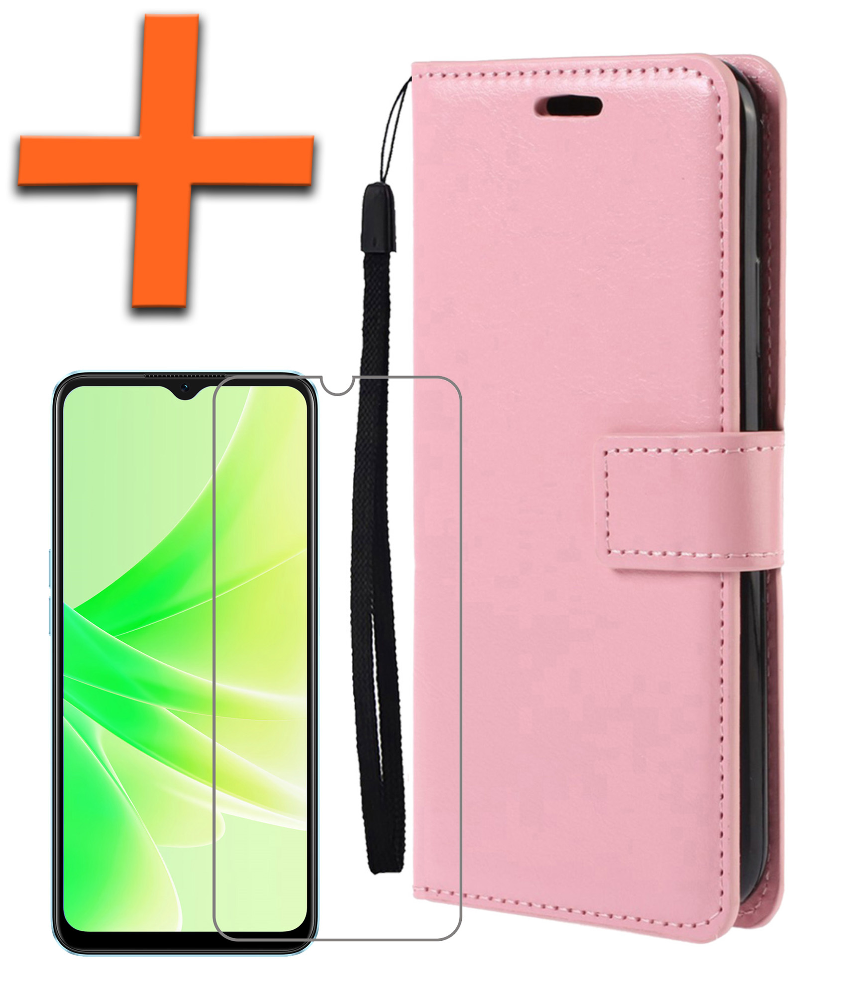 Nomfy Hoesje Geschikt voor OPPO A57s Hoes Bookcase Flipcase Book Cover Met Screenprotector - Hoes Geschikt voor OPPO A57s Hoesje Book Case - Lichtroze