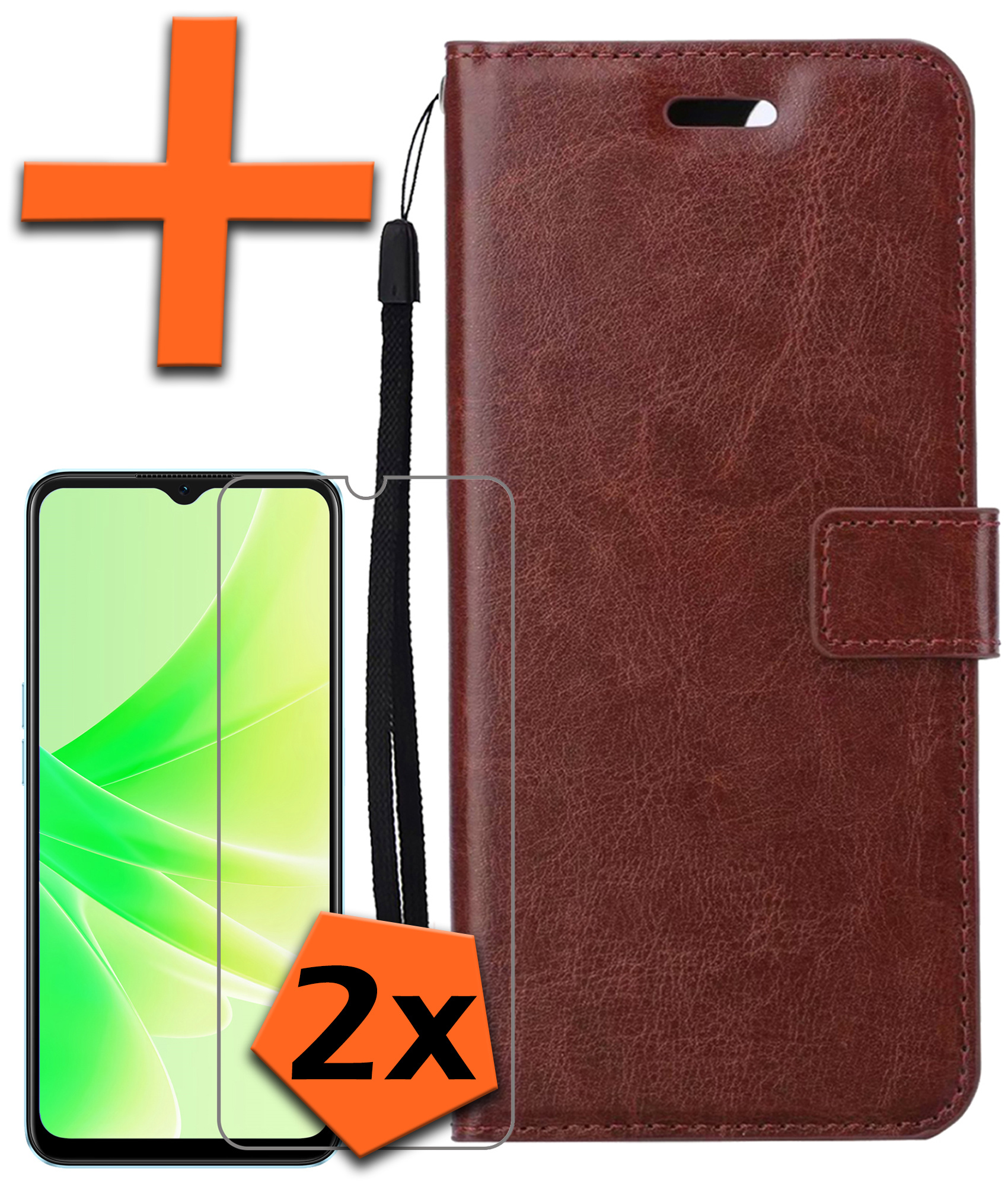 Nomfy Hoesje Geschikt voor OPPO A57s Hoes Bookcase Flipcase Book Cover Met 2x Screenprotector - Hoes Geschikt voor OPPO A57s Hoesje Book Case - Bruin